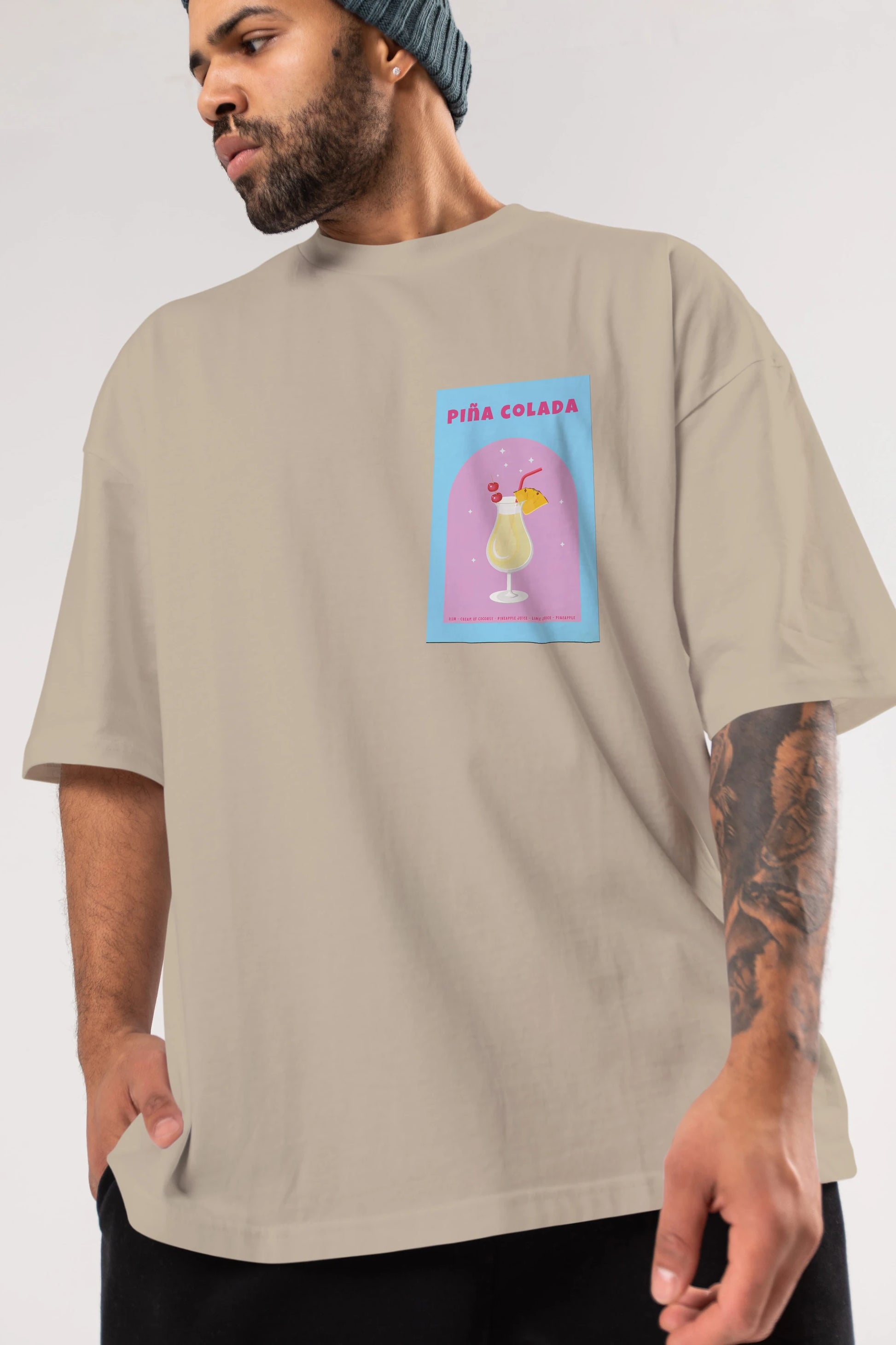 Pina Colada 2 Ön Sol Baskılı Oversize t-shirt Erkek Kadın Unisex %100 Pamuk Bisiklet Yaka tişort