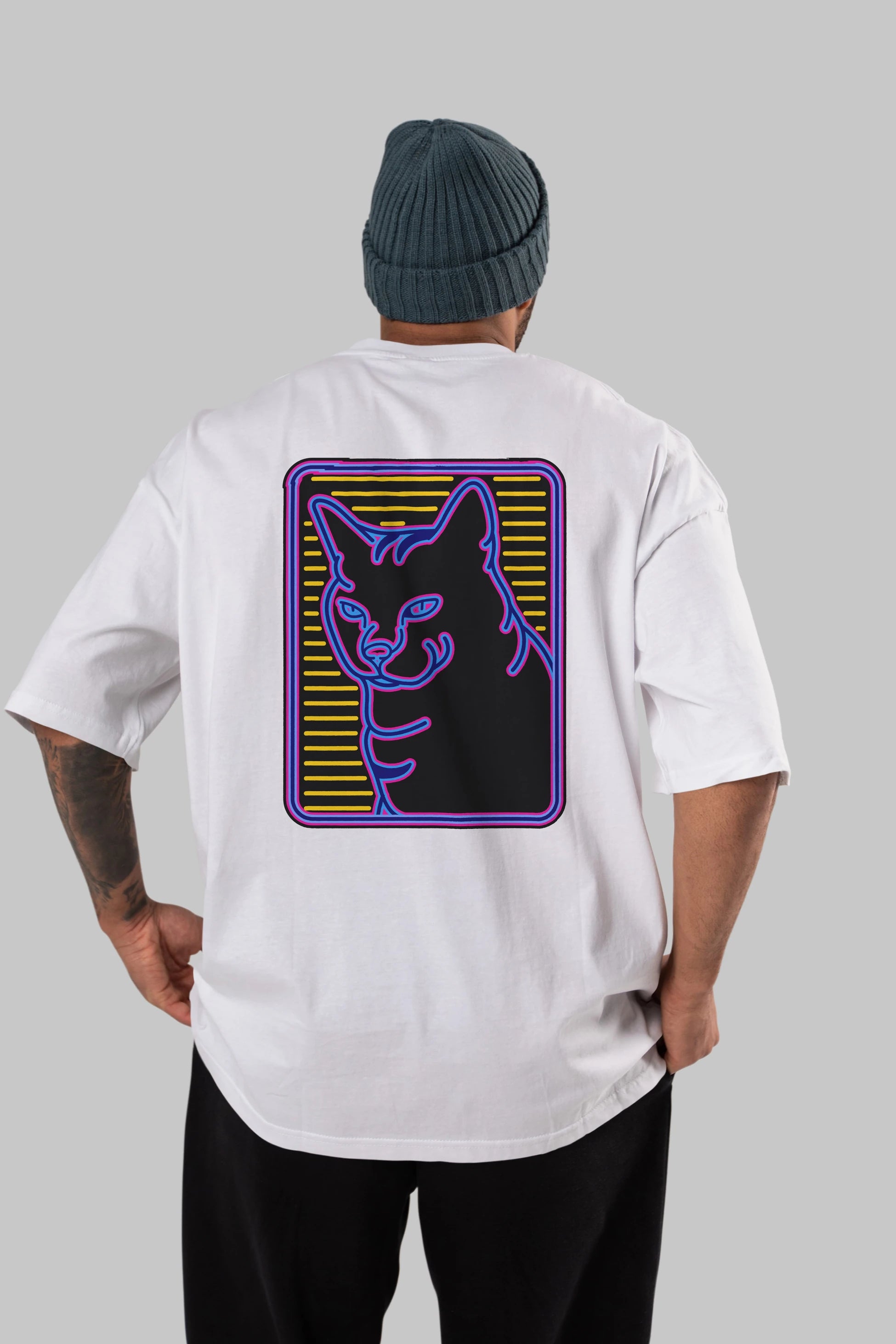 Neon Cat Arka Baskılı Oversize t-shirt Erkek Kadın Unisex