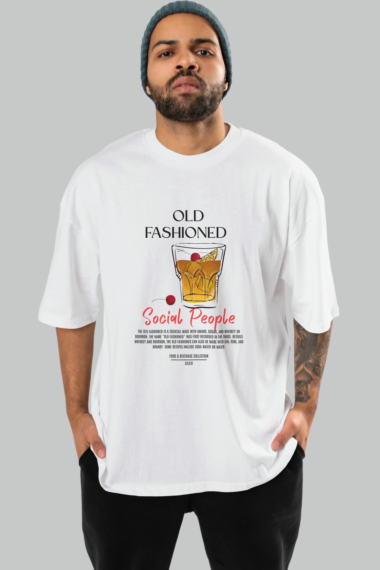 Old Fashıoned Kokteyl Serisi ön Baskılı Oversize t-shirt Erkek Kadın %100 Pamuk Bisiklet Yaka tişort