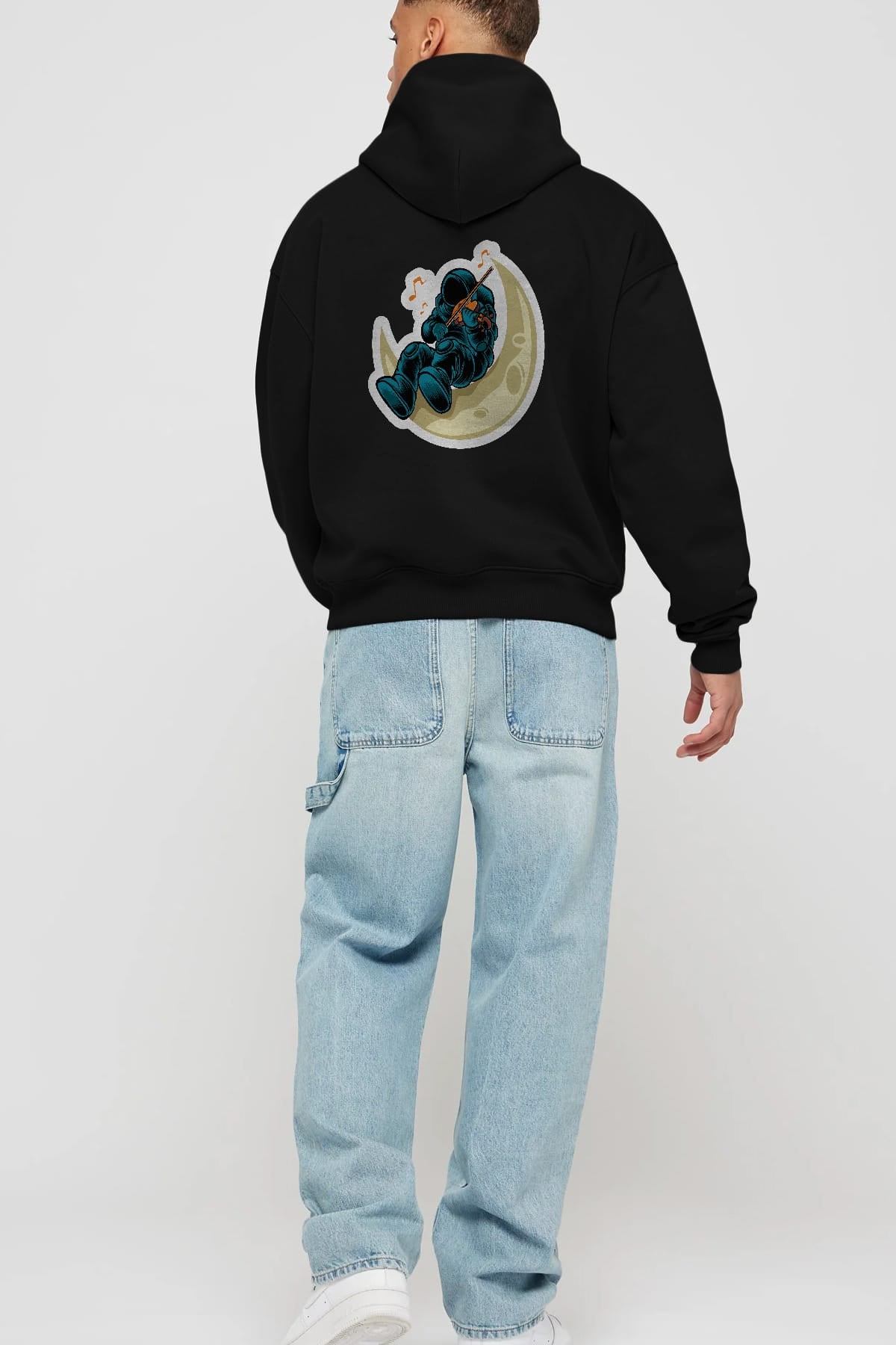 Playing Vionist in Space Sticker Arka Baskılı Hoodie Oversize Kapüşonlu Sweatshirt Erkek Kadın Unisex