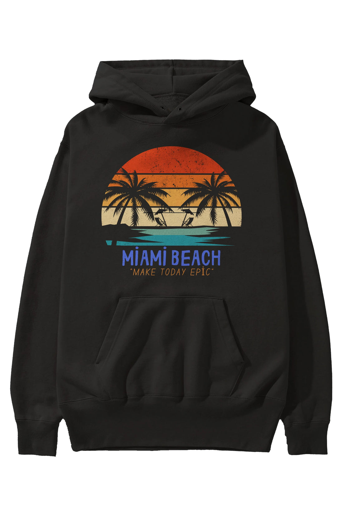 Miami Beach Yazılı Ön Baskılı Oversize Hoodie Kapüşonlu Sweatshirt Erkek Kadın Unisex