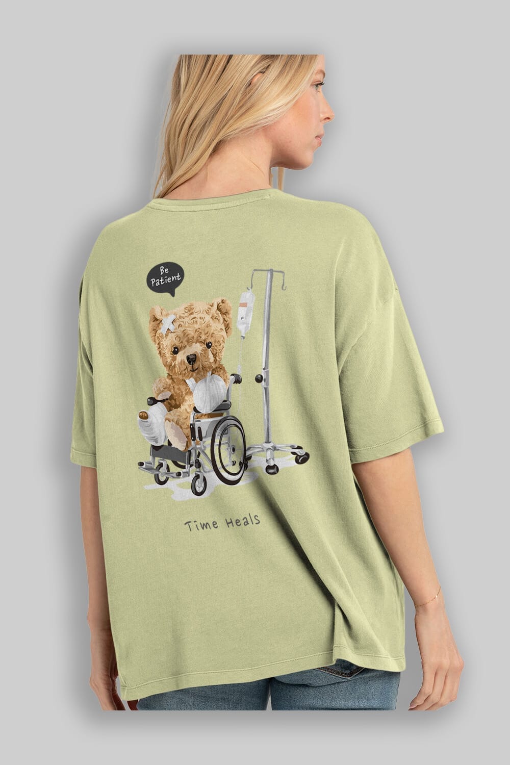 Teddy Bear Time Heals Arka Baskılı Oversize t-shirt Erkek Kadın Unisex %100 Pamuk