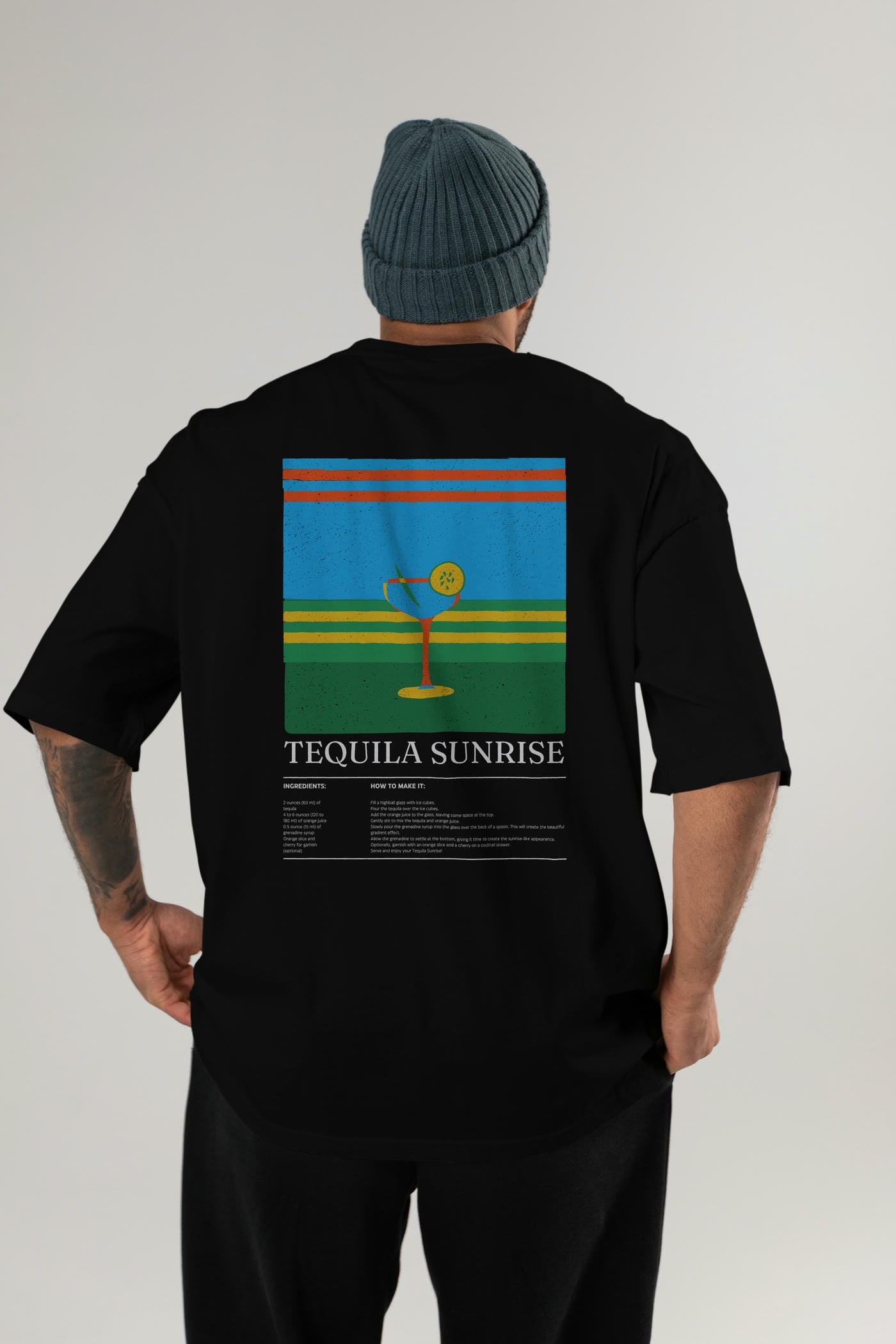 Tequila Sunrise Kokteyl Serisi Arka Baskılı Oversize t-shirt Erkek Kadın %100 Pamuk Bisiklet Yaka tişort