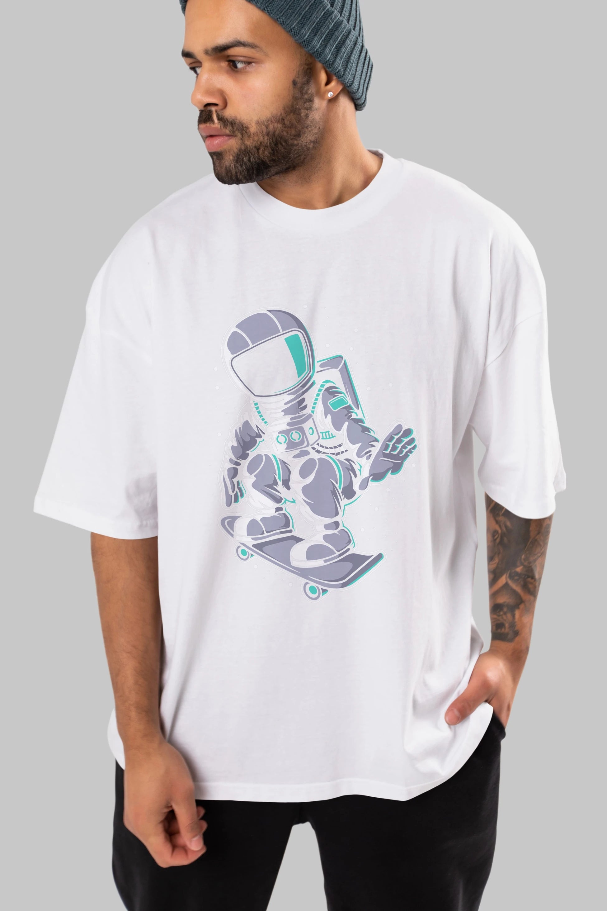 Astronaut Skater Ön Baskılı Oversize t-shirt Erkek Kadın Unisex