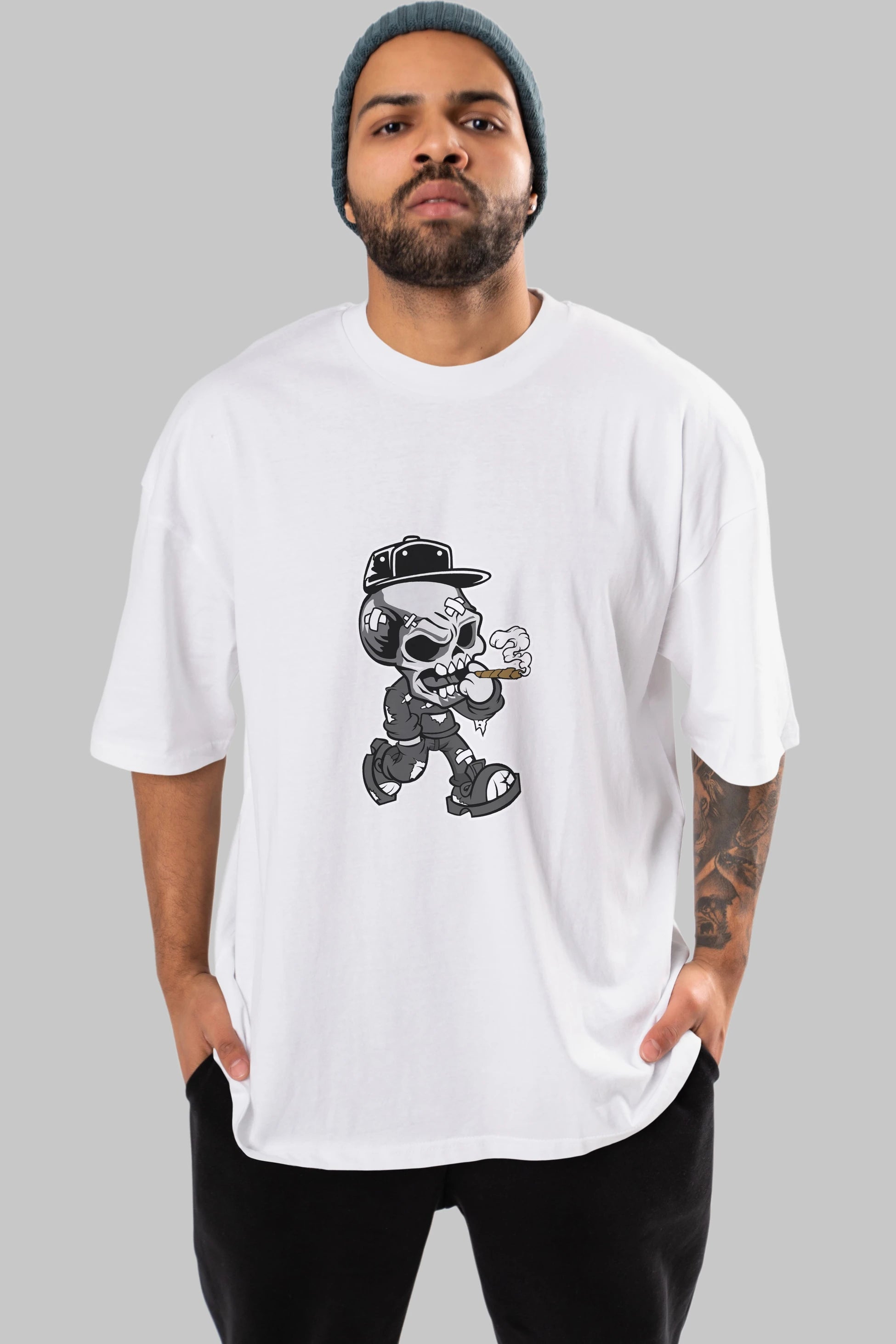 Skull Smoker Ön Baskılı Oversize t-shirt Erkek Kadın Unisex %100 Pamuk tişort