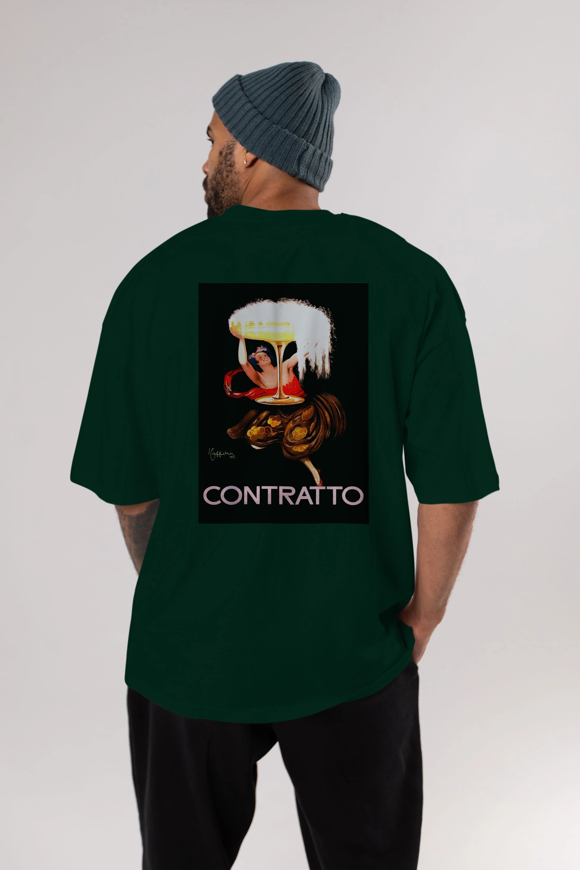 Contratto Arka Baskılı Oversize t-shirt Erkek Kadın Unisex %100 Pamuk Bisiklet Yaka tişort
