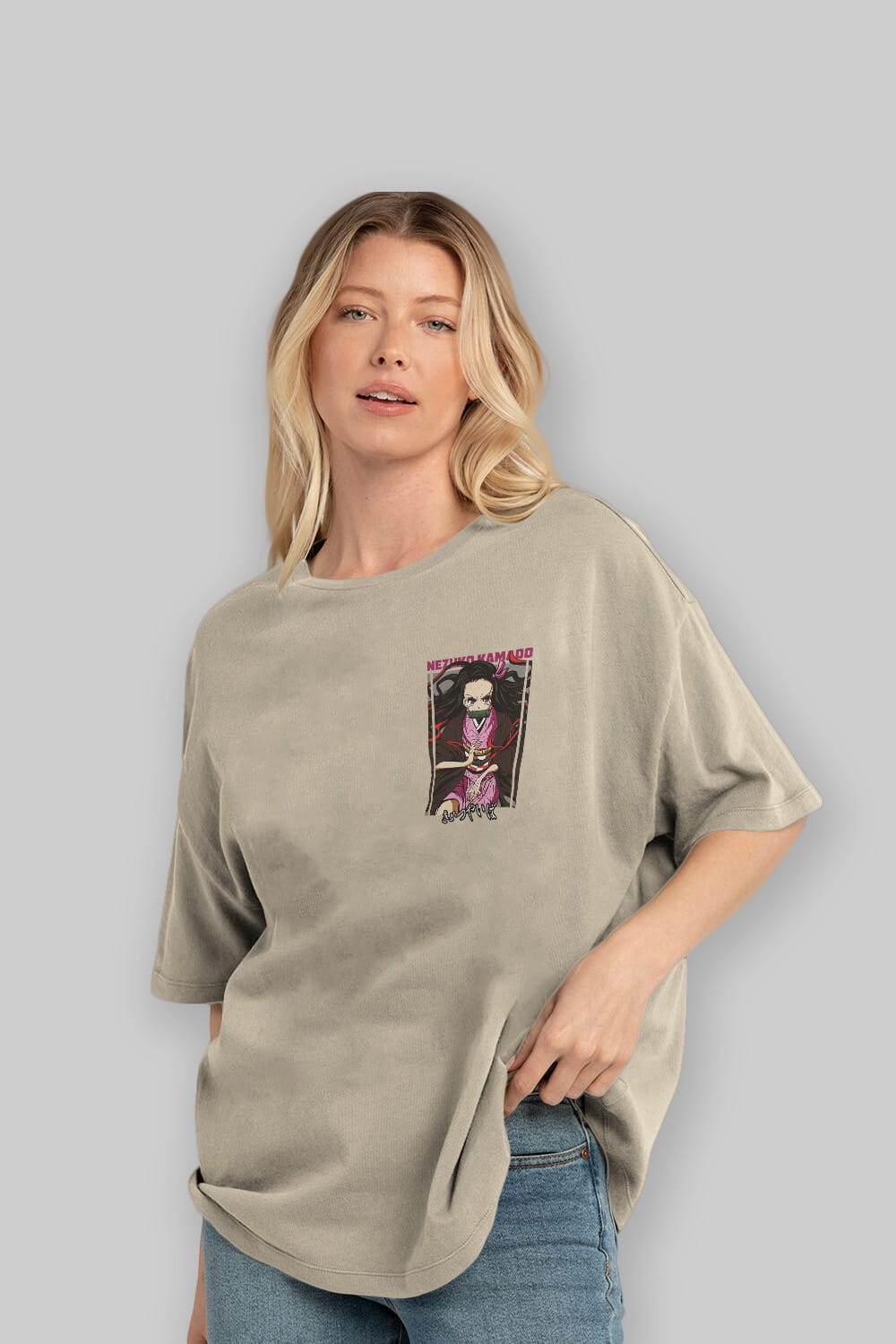 Nezuko Kamado 1 Ön Sol Baskılı Oversize t-shirt Erkek Kadın Unisex %100 Pamuk Bisiklet Yaka tişort