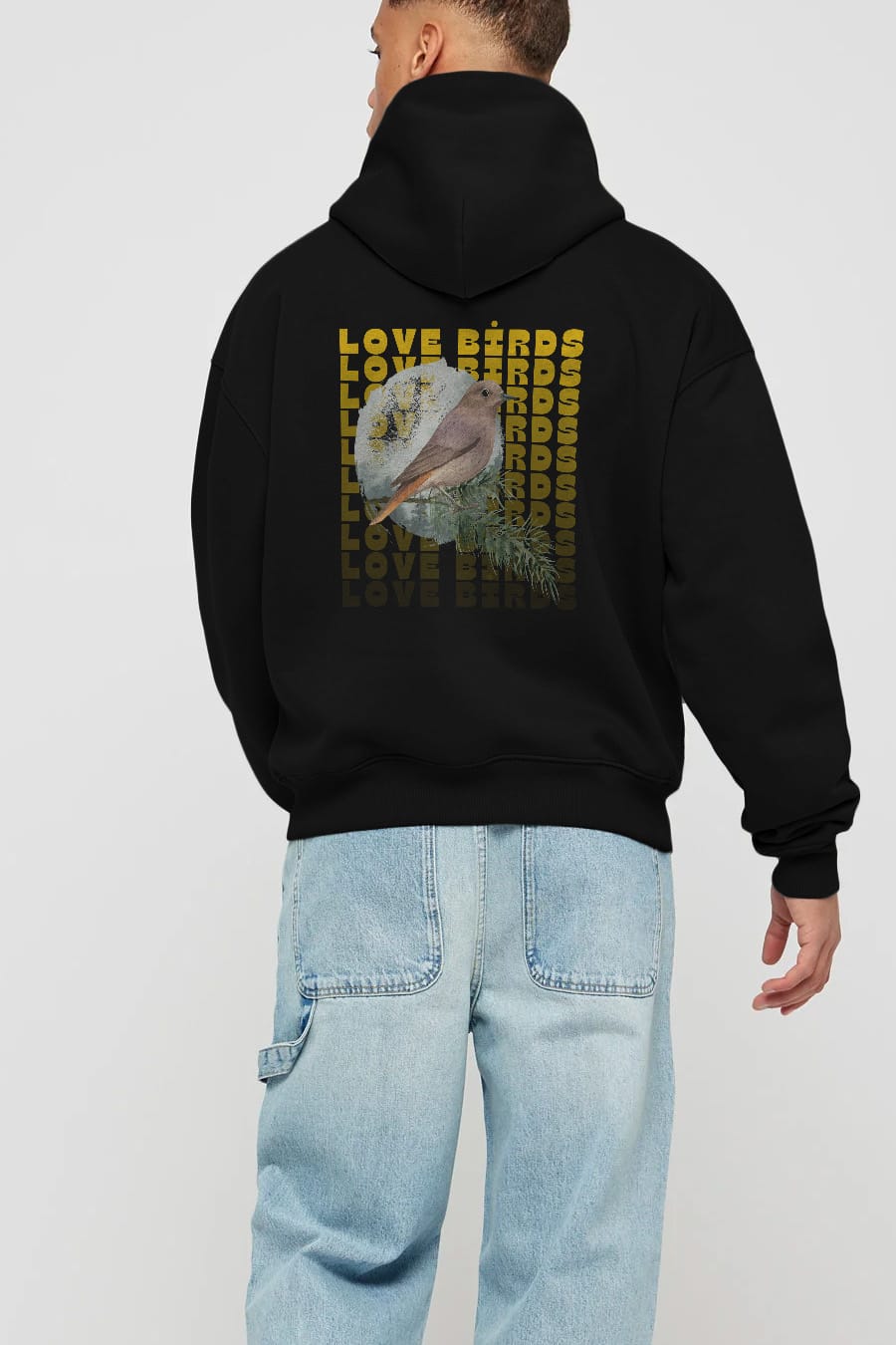 Love Birds Yazılı Arka Baskılı Oversize Hoodie Kapüşonlu Sweatshirt Erkek Kadın Unisex