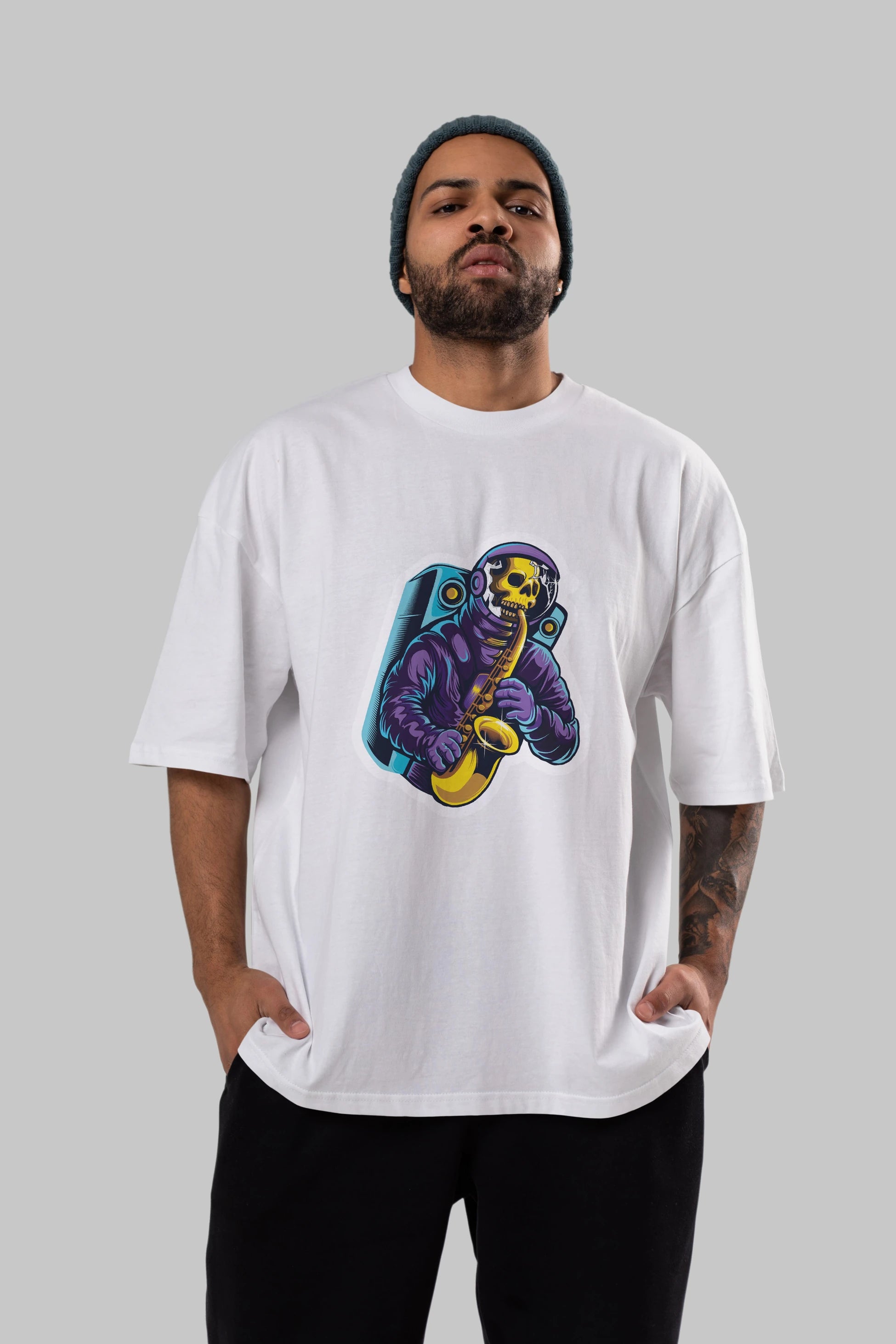 Astroskull Saxophonist Sticker Ön Baskılı Oversize t-shirt Erkek Kadın Unisex