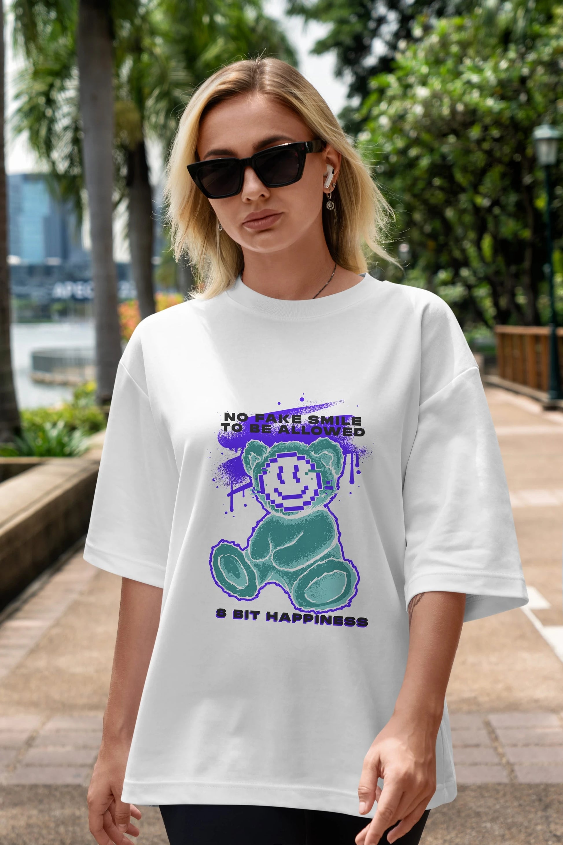 No Fake Smile Bear Ön Baskılı Oversize t-shirt Erkek Kadın Unisex