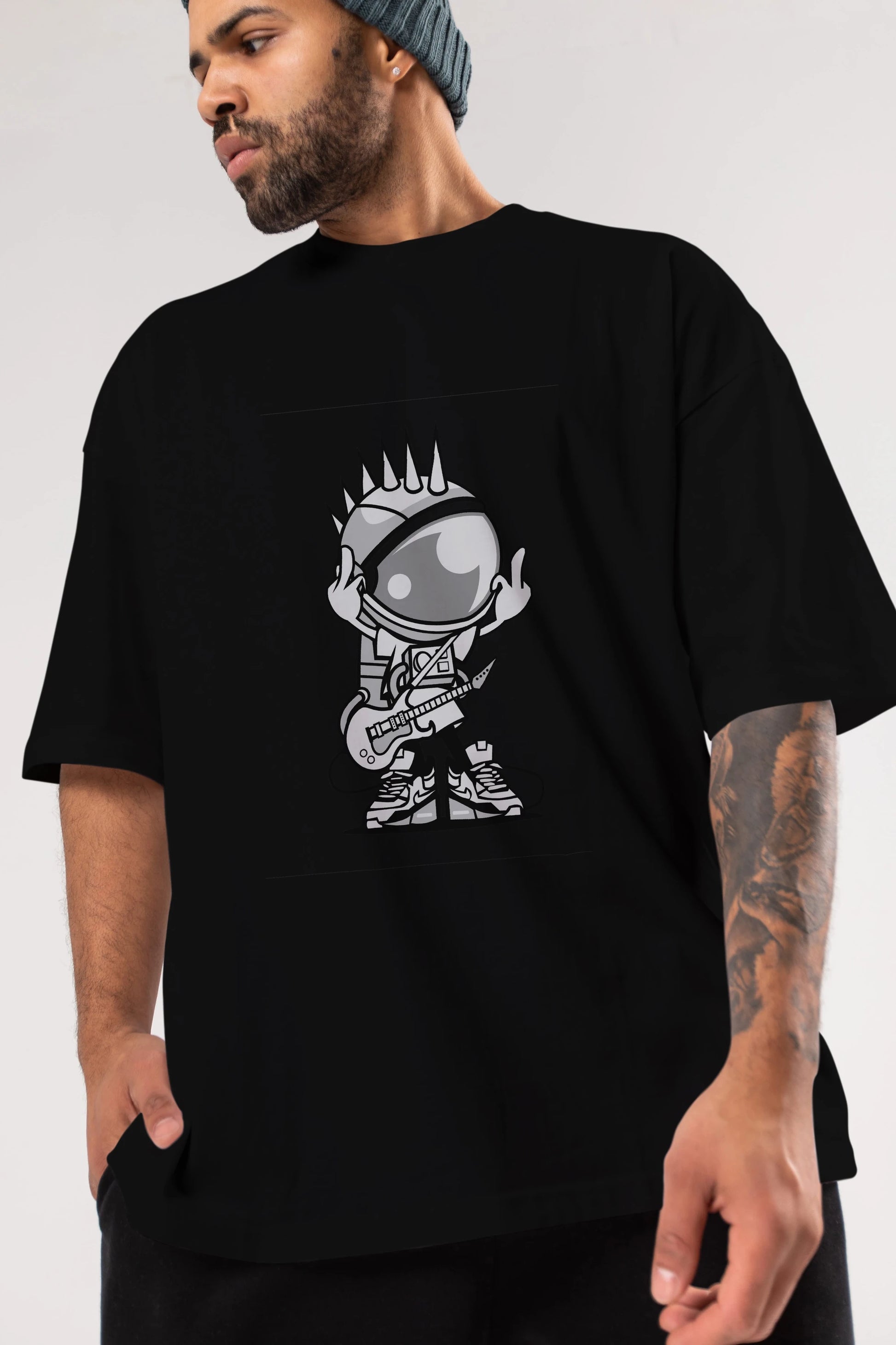 Astronaut Punk Rock Ön Baskılı Oversize t-shirt Erkek Kadın Unisex %100 Pamuk tişort
