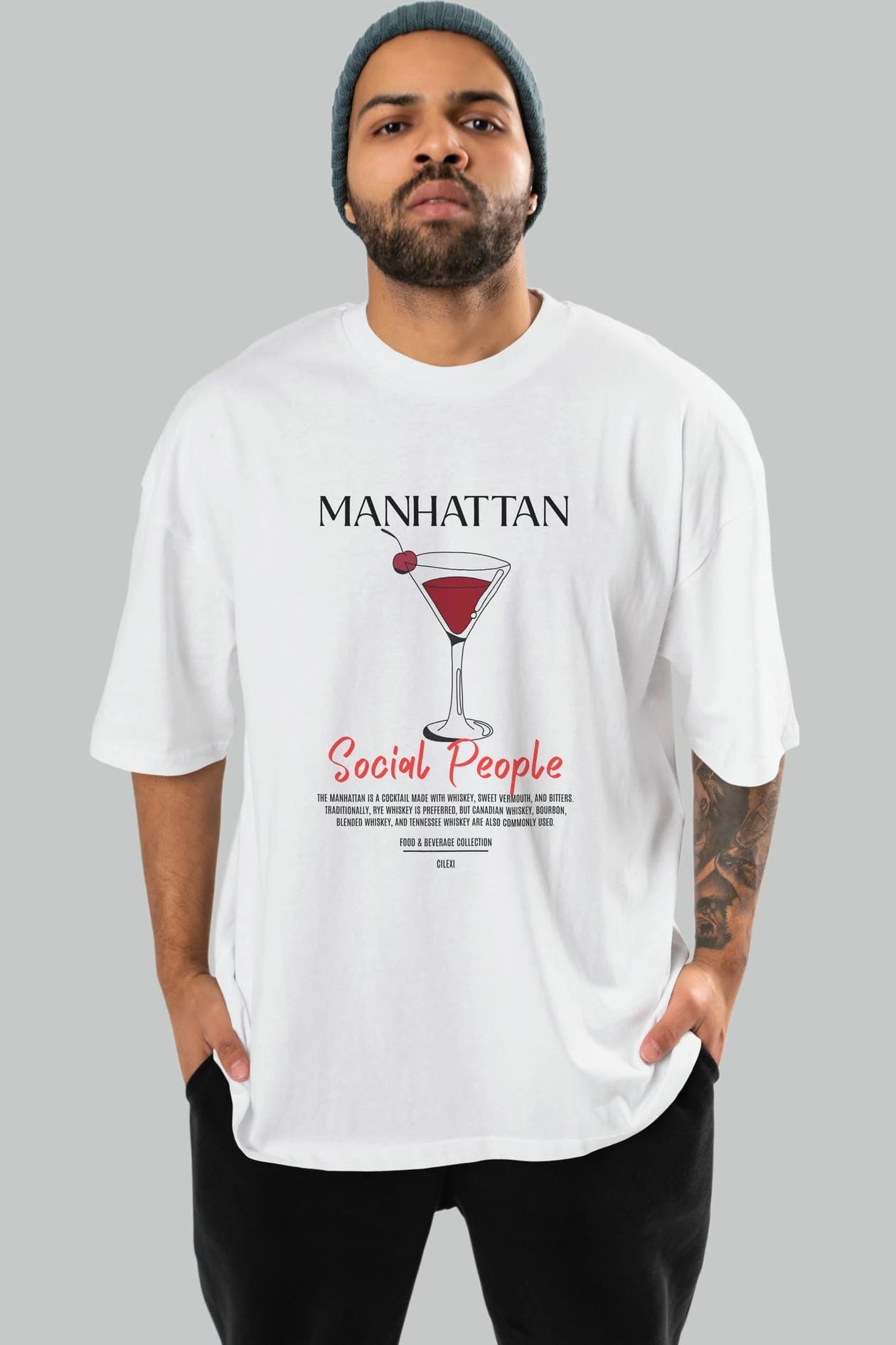 Manhattan Kokteyl Serisi ön Baskılı Oversize t-shirt Erkek Kadın %100 Pamuk Bisiklet Yaka tişort