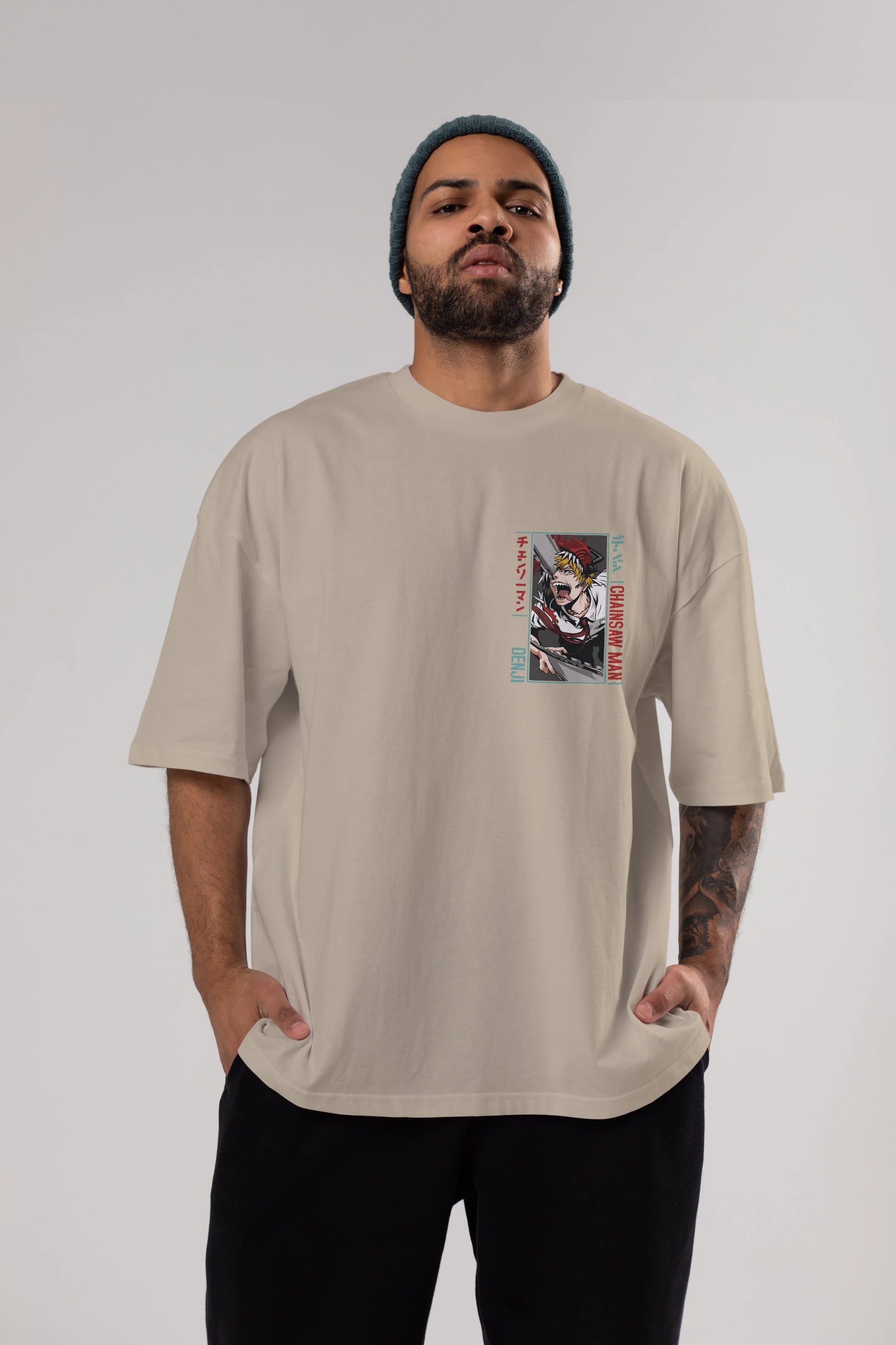 Denji Chainsaw Man Ön Sol Baskılı Oversize t-shirt Erkek Kadın Unisex %100 Pamuk Bisiklet Yaka tişort