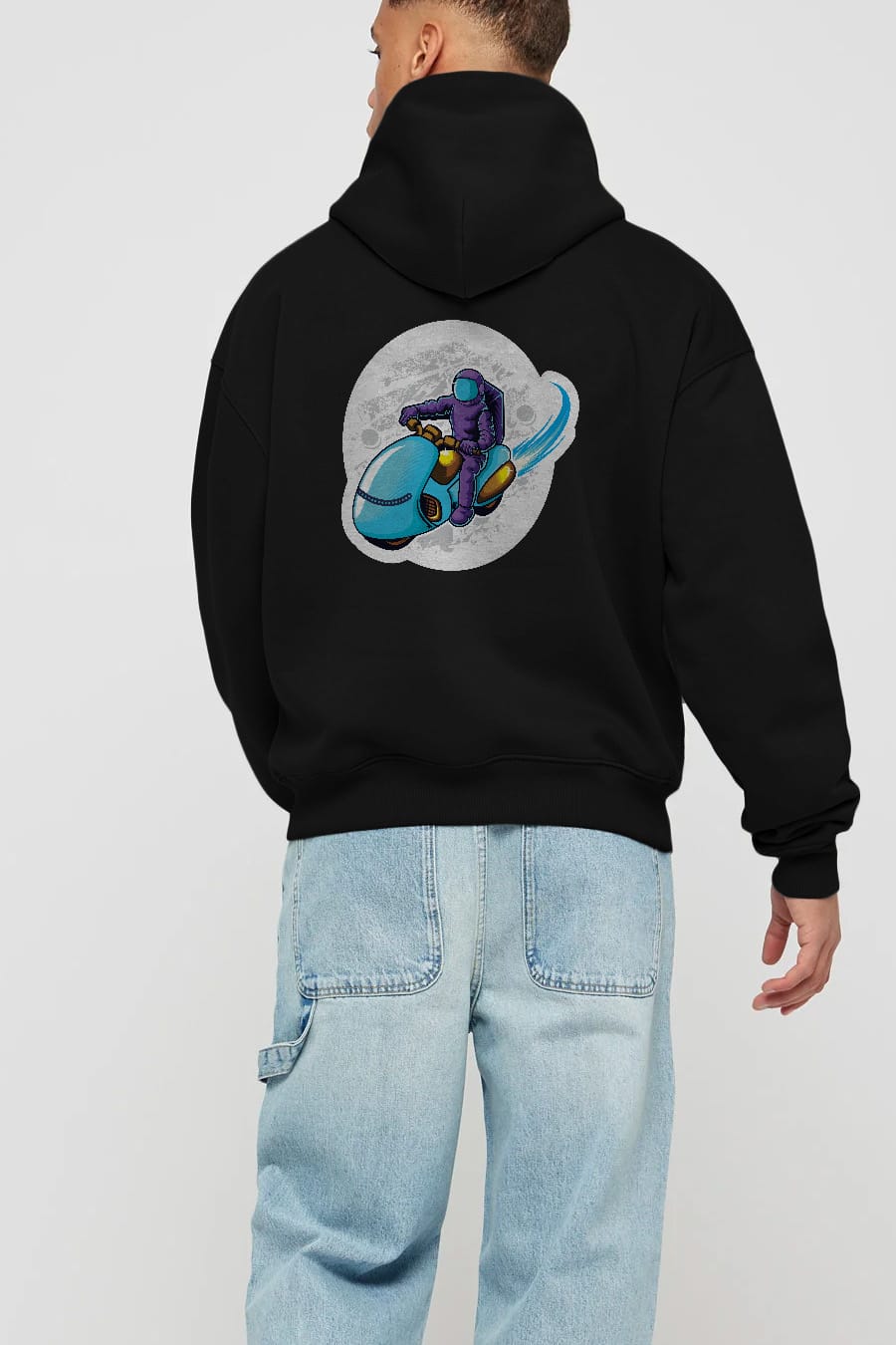 Astrorider in Space Sticker Arka Baskılı Hoodie Oversize Kapüşonlu Sweatshirt Erkek Kadın Unisex