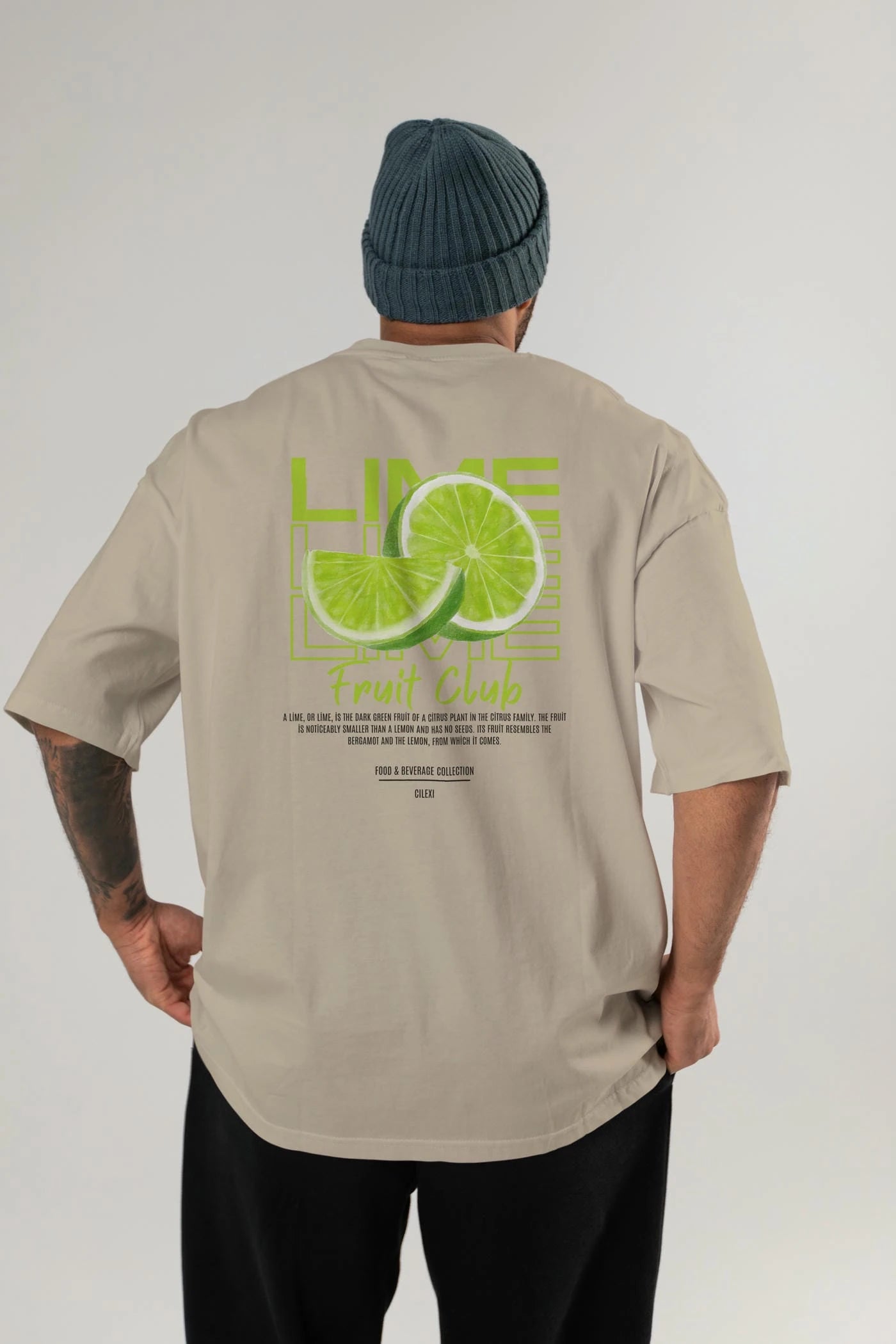 Lime Arka Baskılı Oversize t-shirt Erkek Kadın Pamuk Bisiklet Yaka tişort
