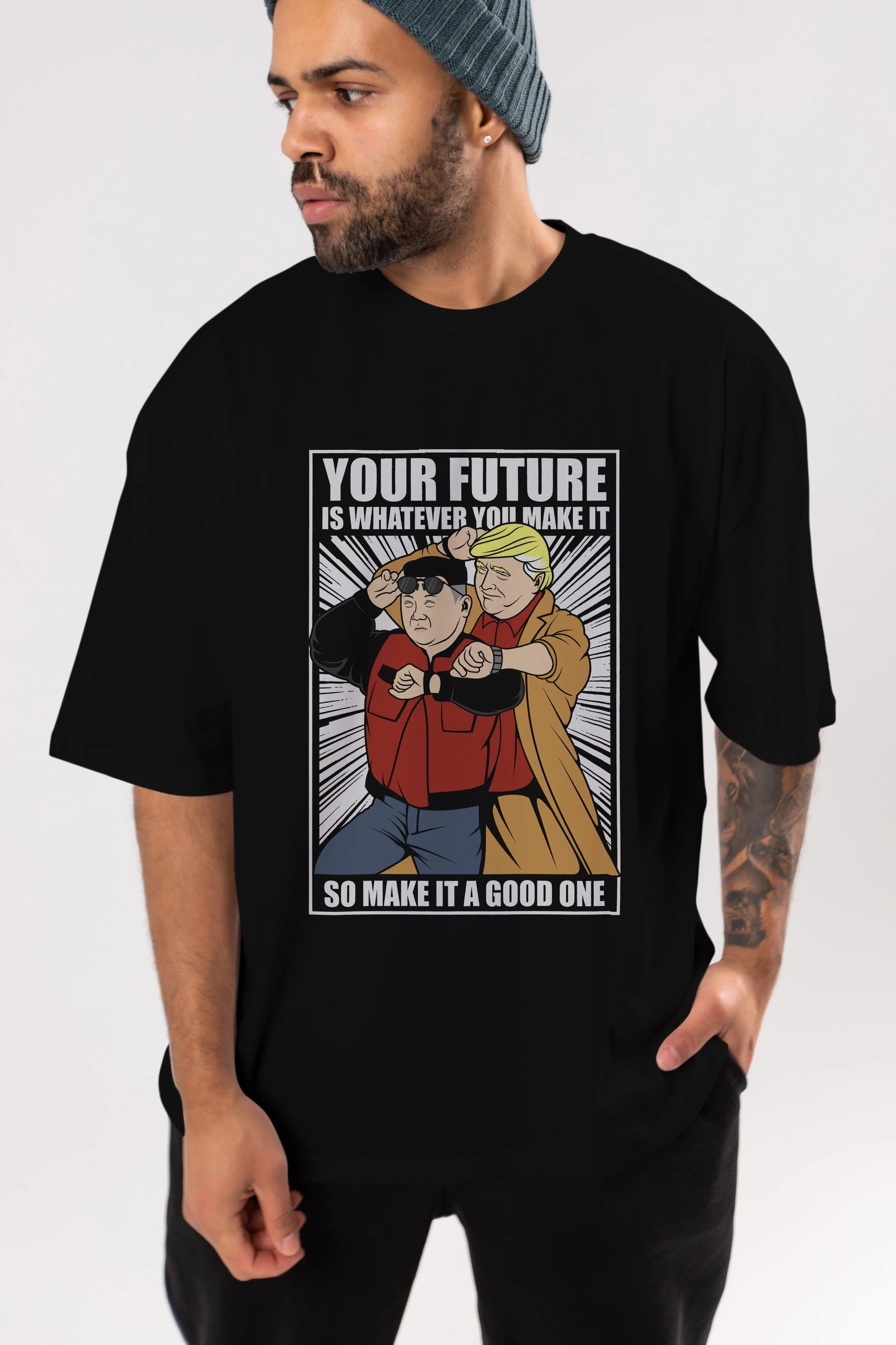 Back To The Future Jong Un Trump Ön Baskılı Oversize t-shirt Erkek Kadın Unisex %100 Pamuk tişort