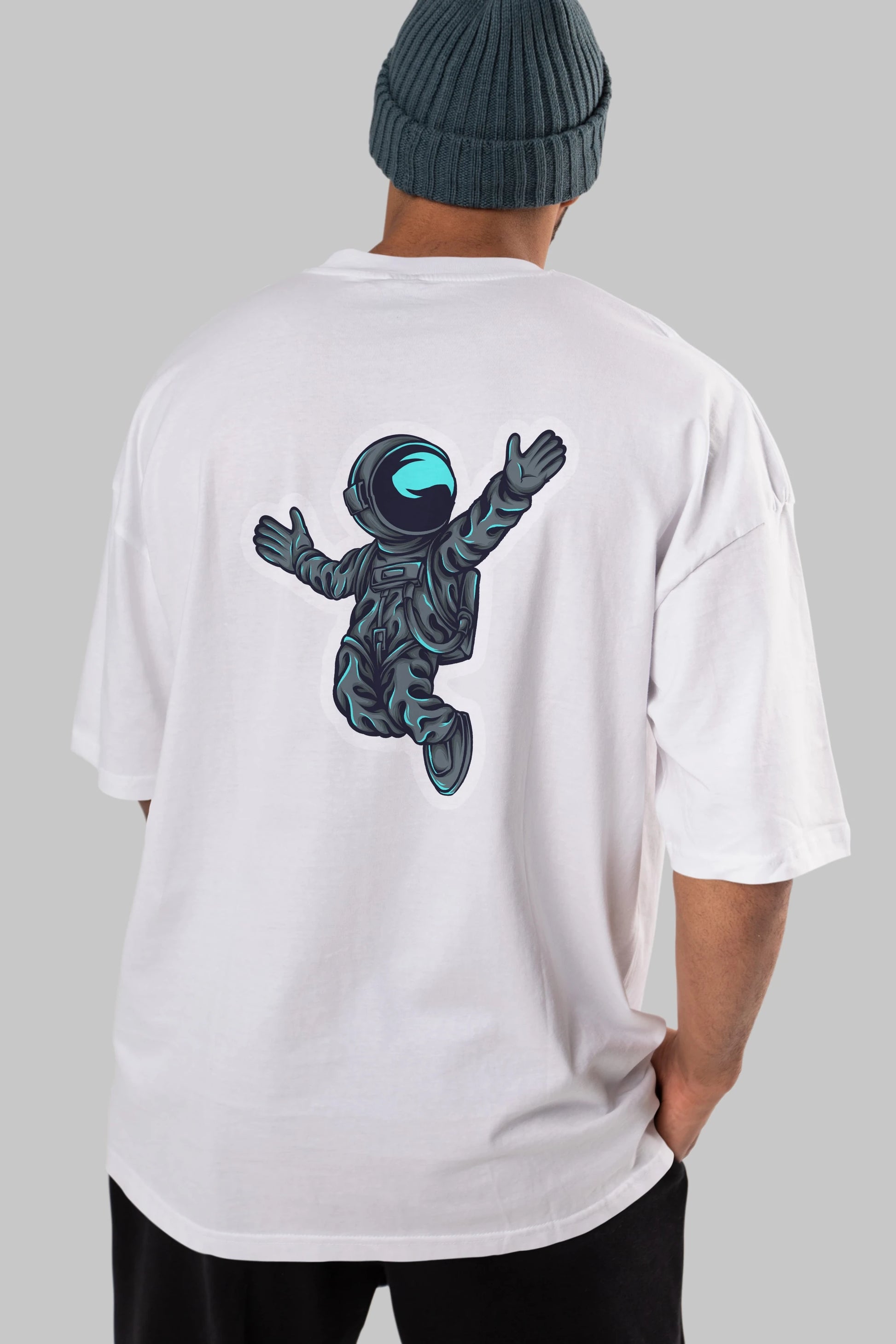 Happy Astronaut Sticker Arka Baskılı Oversize t-shirt Erkek Kadın Unisex