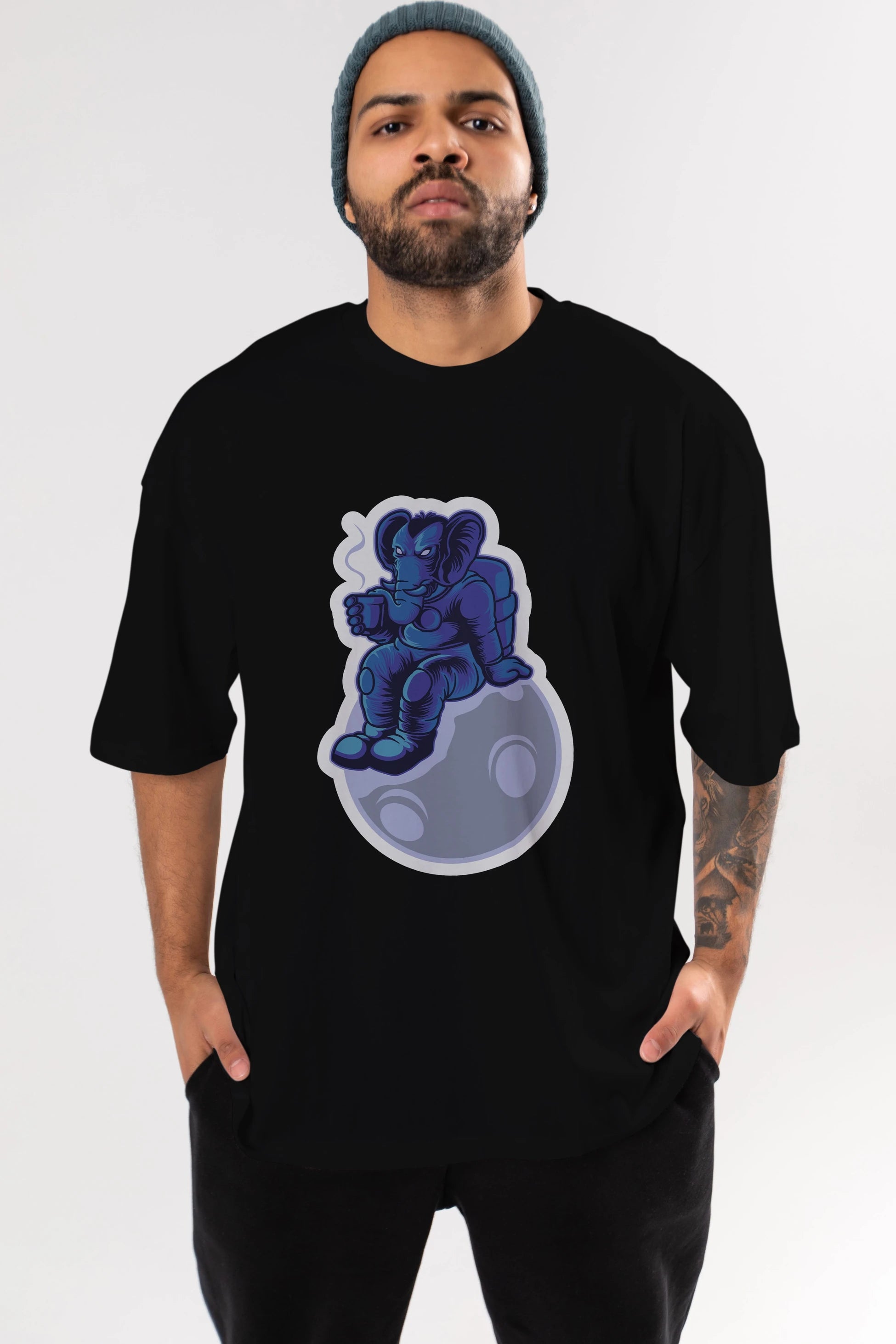 Space Elephant Drink Coffee Sticker Ön Baskılı Oversize t-shirt Erkek Kadın Unisex