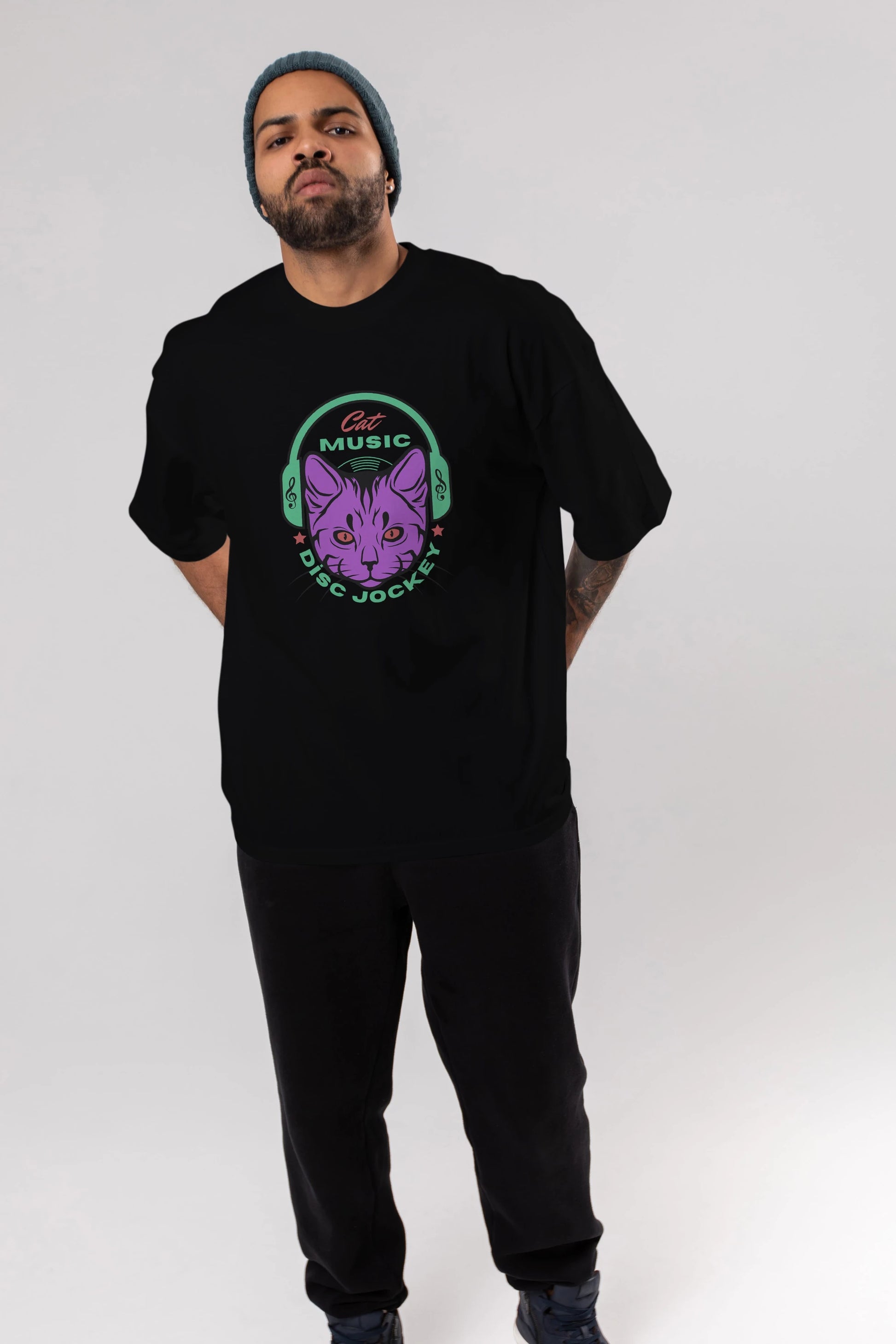 Cat Music Ön Baskılı Oversize t-shirt Erkek Kadın Unisex