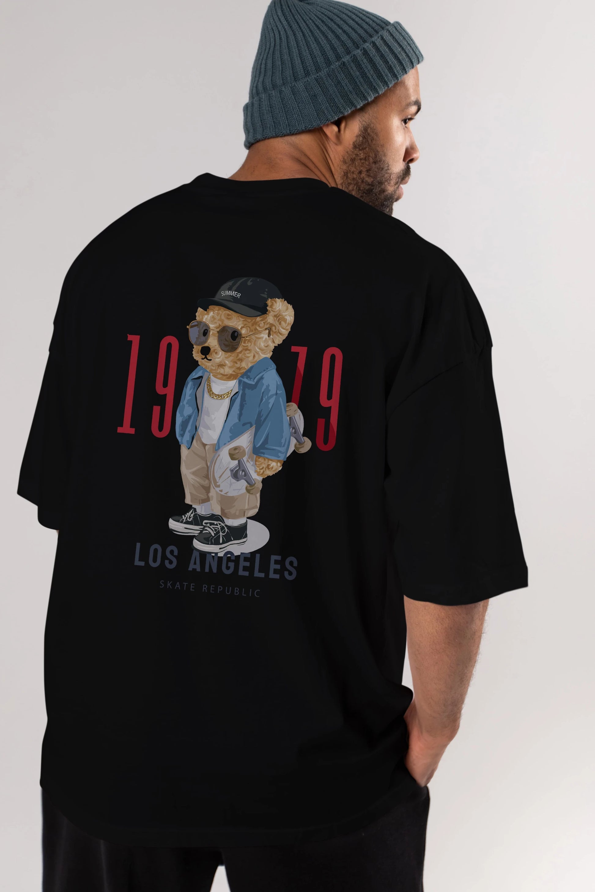 Teddy Bear Los Angeles Arka Baskılı Oversize t-shirt Erkek Kadın Unisex %100 Pamuk