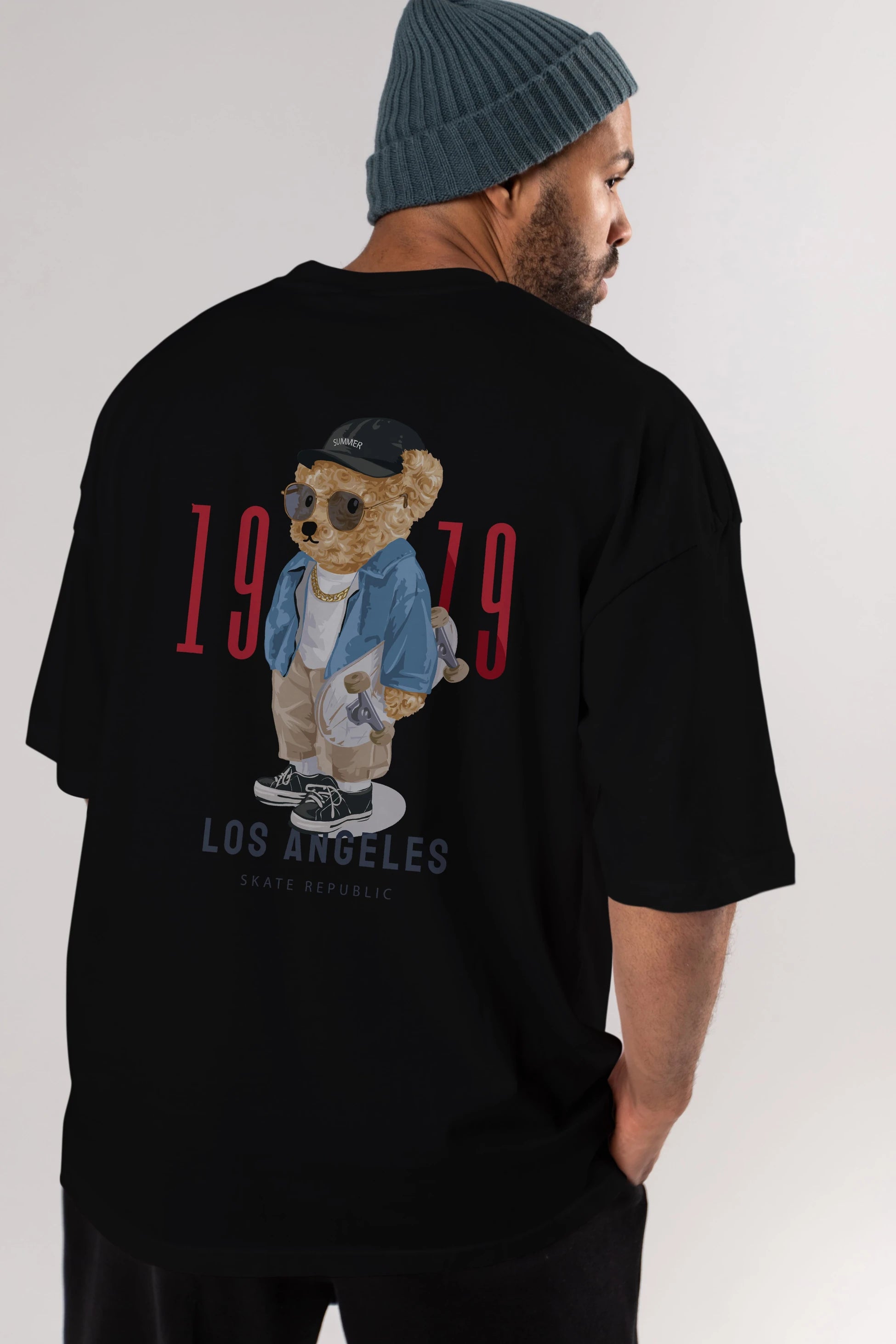 Teddy Bear Los Angeles Arka Baskılı Oversize t-shirt Erkek Kadın Unisex %100 Pamuk