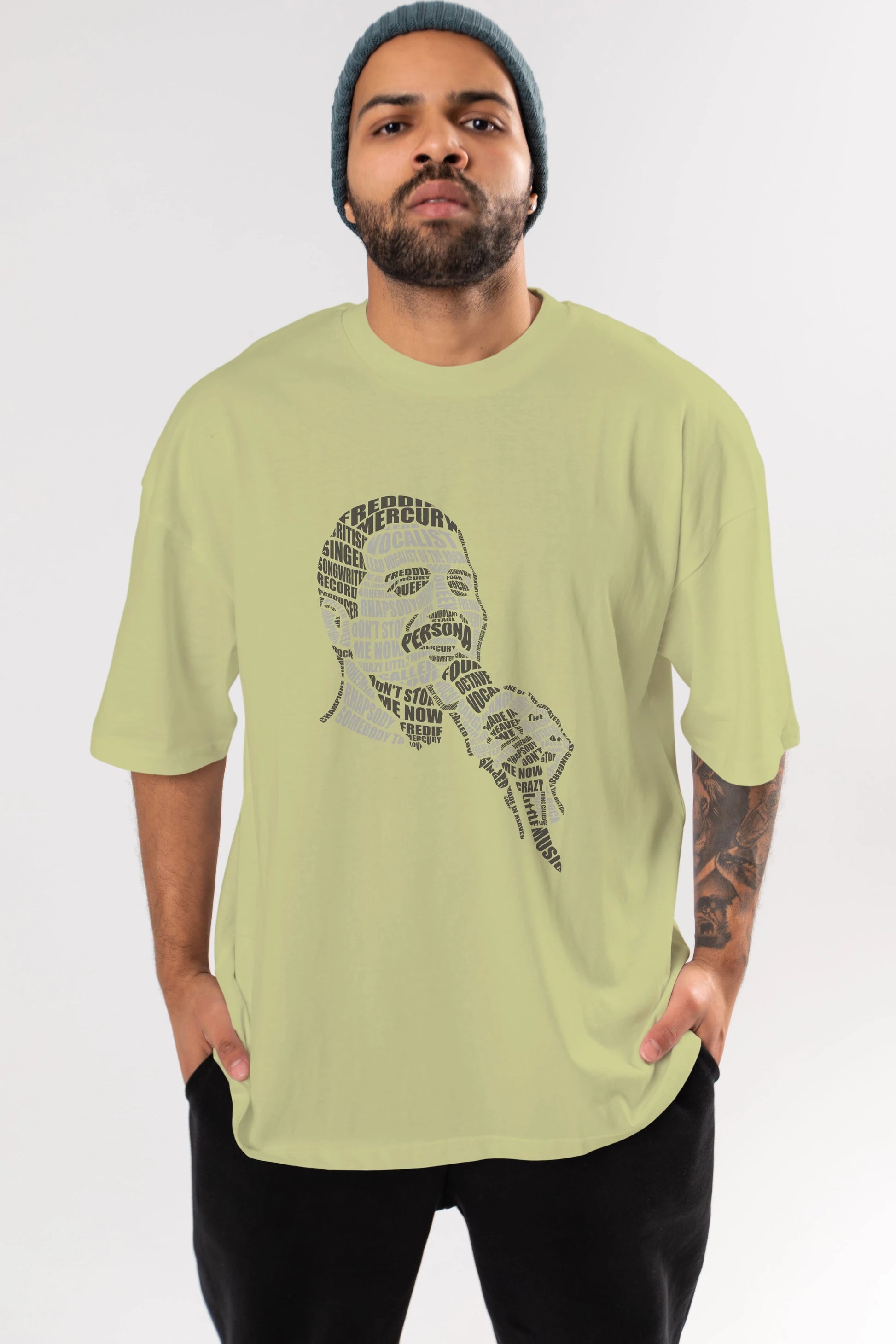 Freddy Mercuri Calligram Ön Baskılı Oversize t-shirt %100 pamuk Erkek Kadın Unisex