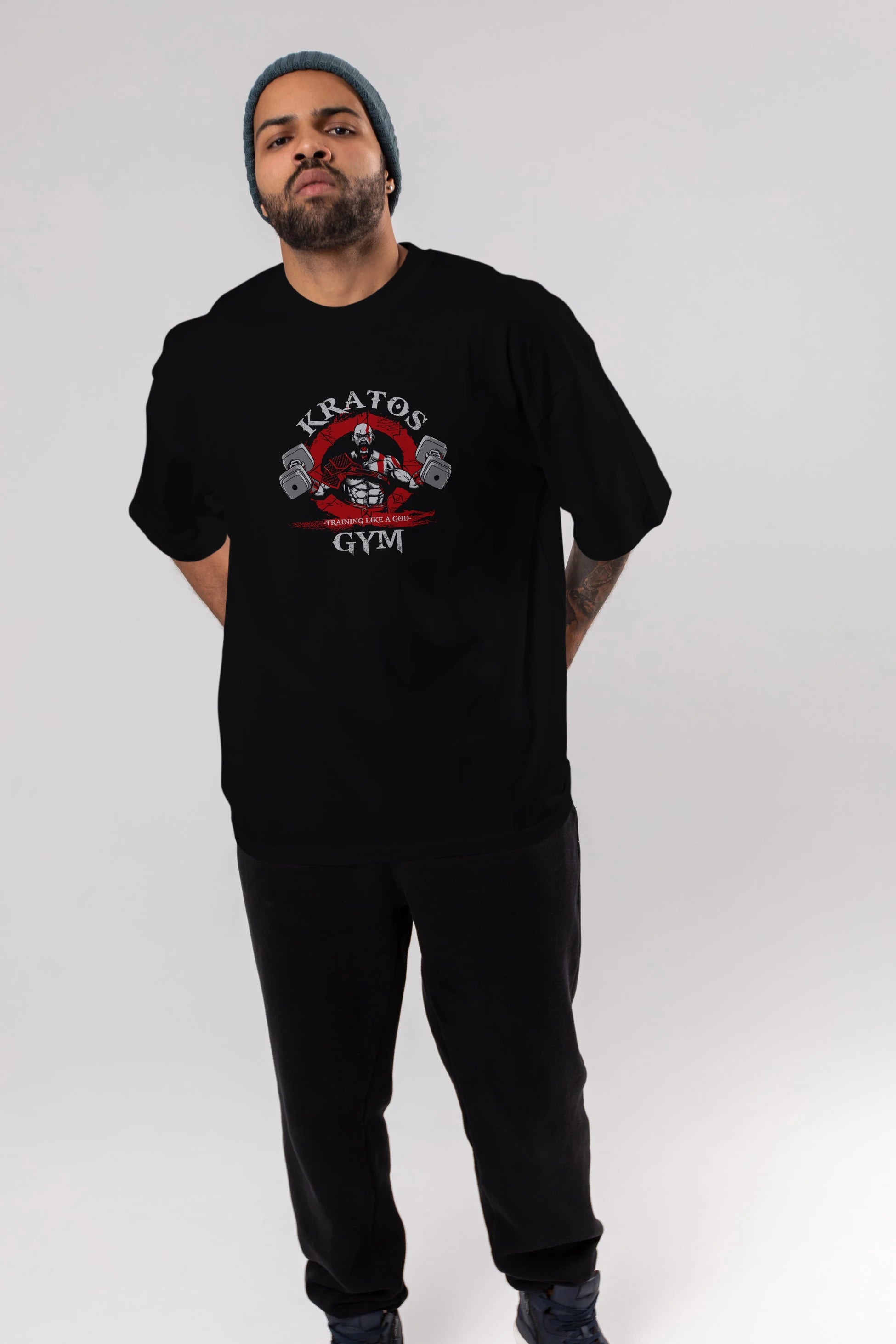 Kratos GYM Ön Baskılı Oversize t-shirt Erkek Kadın Unisex %100 Pamuk Bisiklet Yaka tişort