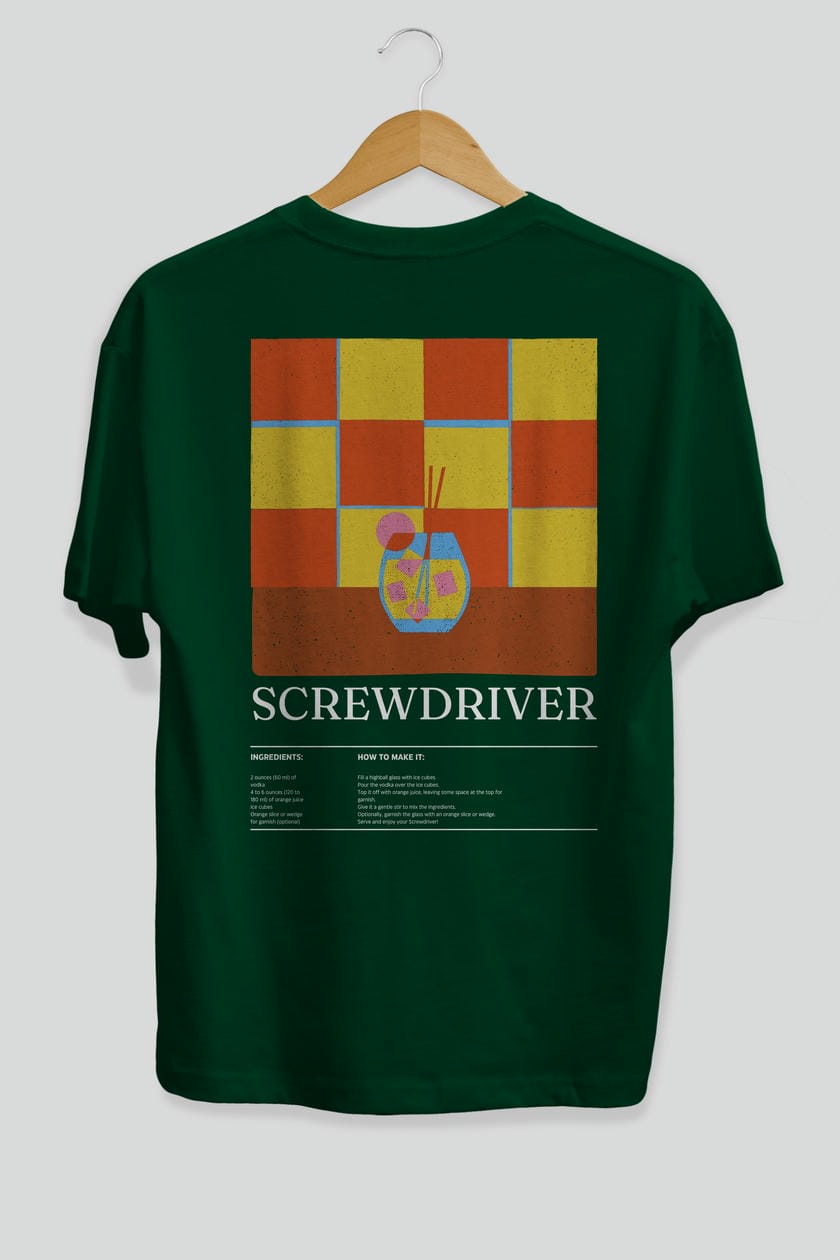 Screwdriver Kokteyl Serisi Arka Baskılı Oversize t-shirt Erkek Kadın %100 Pamuk Bisiklet Yaka tişort