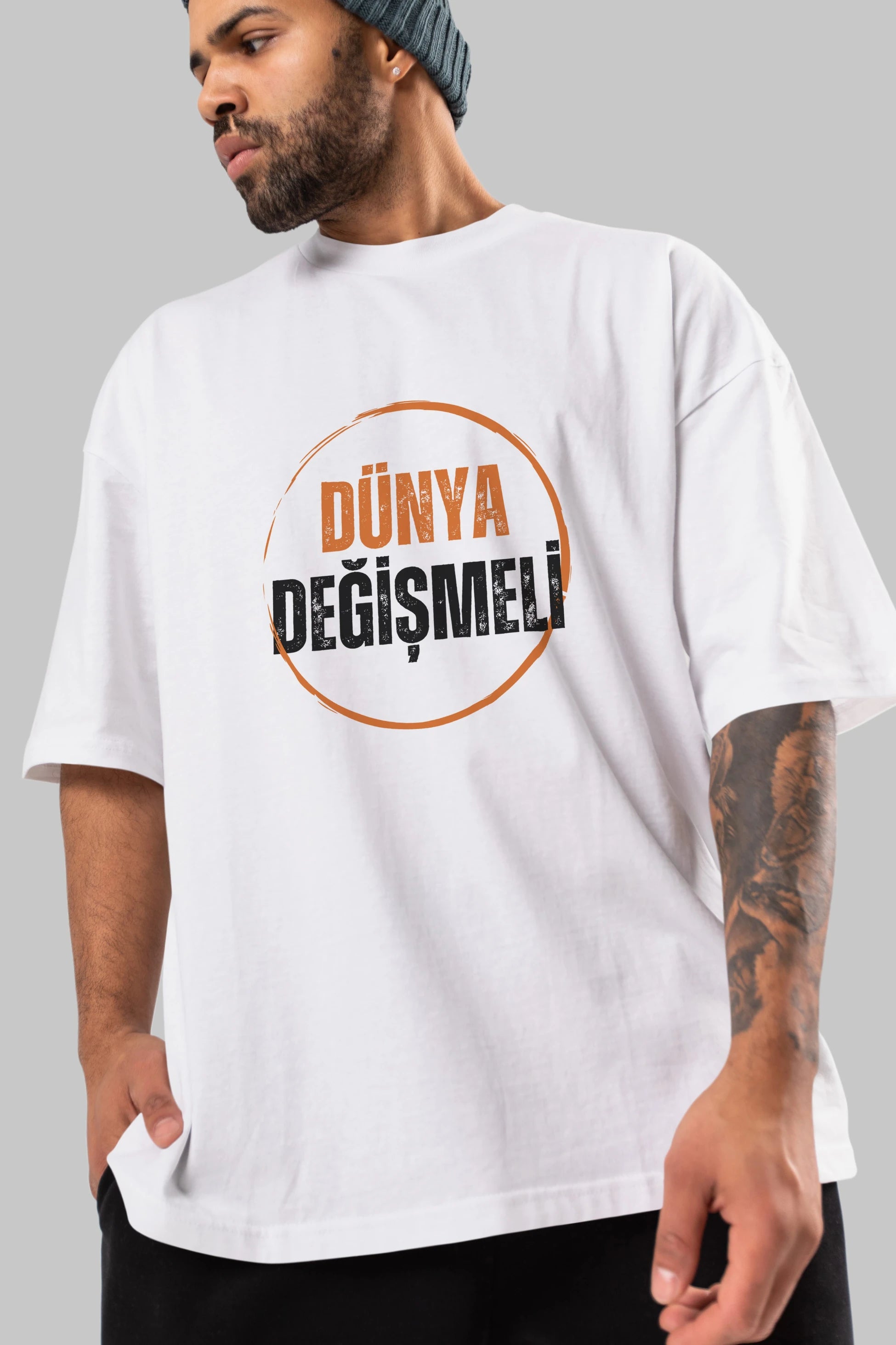 Dünya Değişmeli Yazılı Ön Baskılı Oversize t-shirt Erkek Kadın Unisex