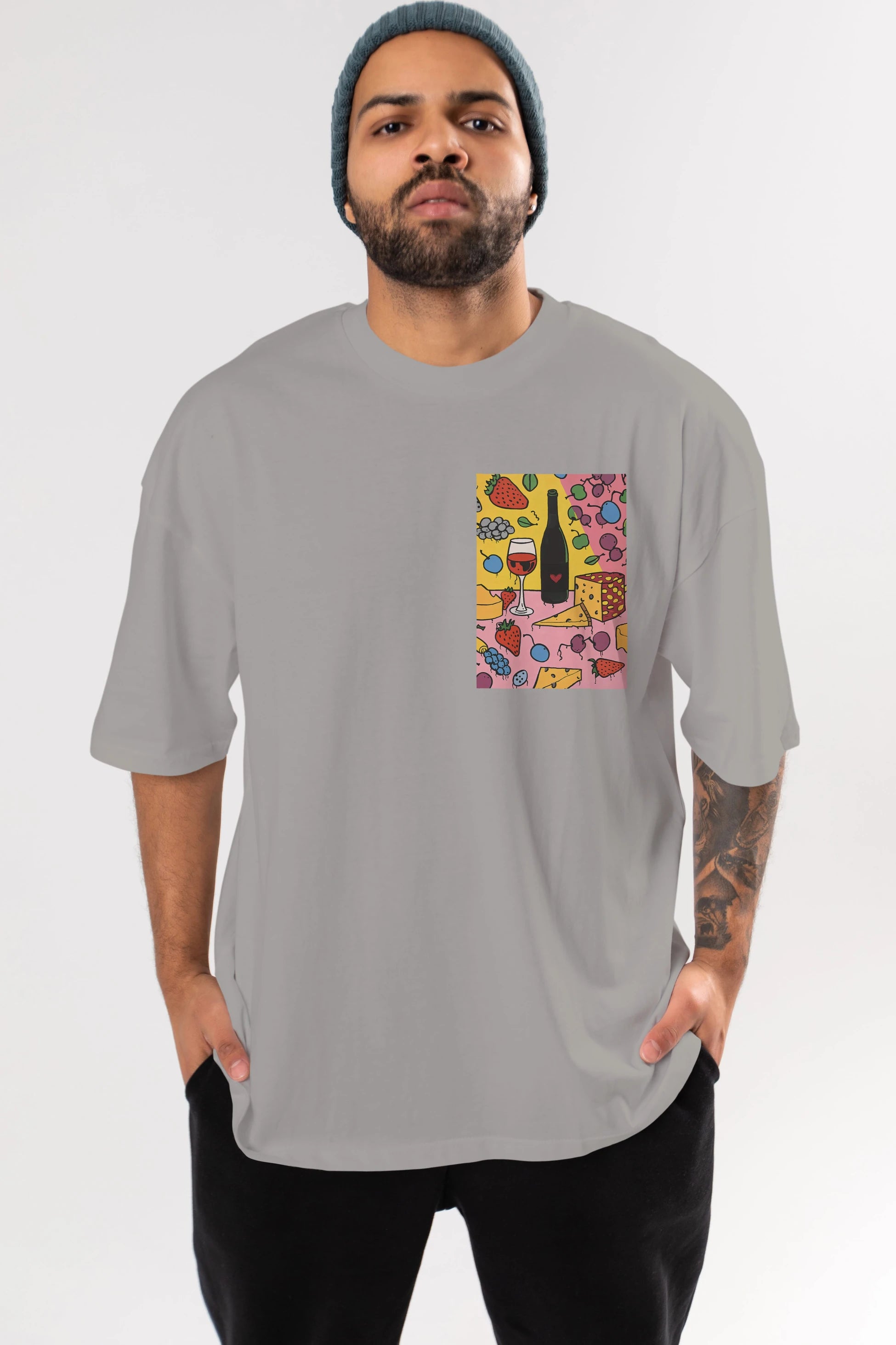 Wine Cheese Fruits Ön Sol Baskılı Oversize t-shirt Erkek Kadın Unisex %100 Pamuk Bisiklet Yaka tişort