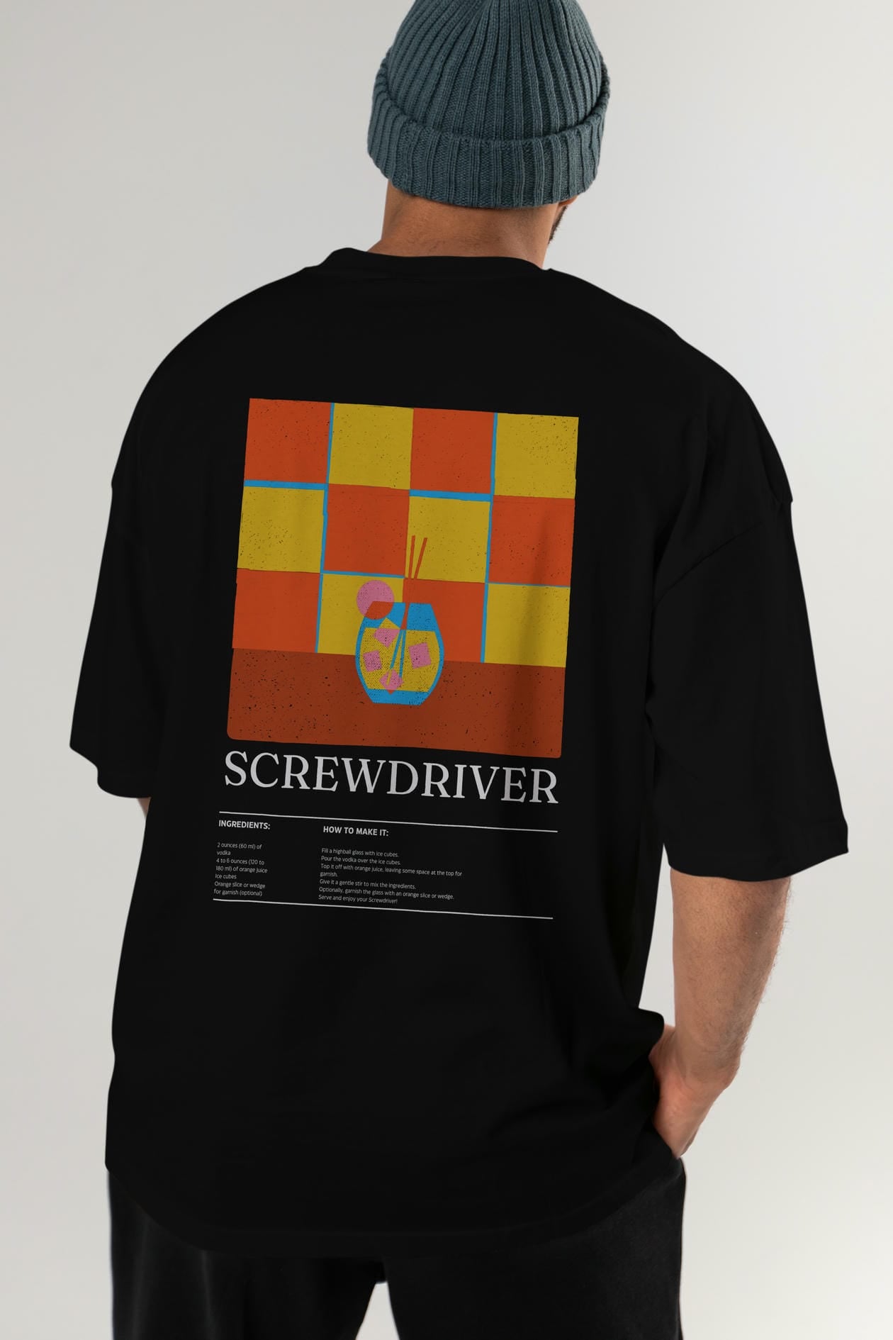 Screwdriver Kokteyl Serisi Arka Baskılı Oversize t-shirt Erkek Kadın %100 Pamuk Bisiklet Yaka tişort