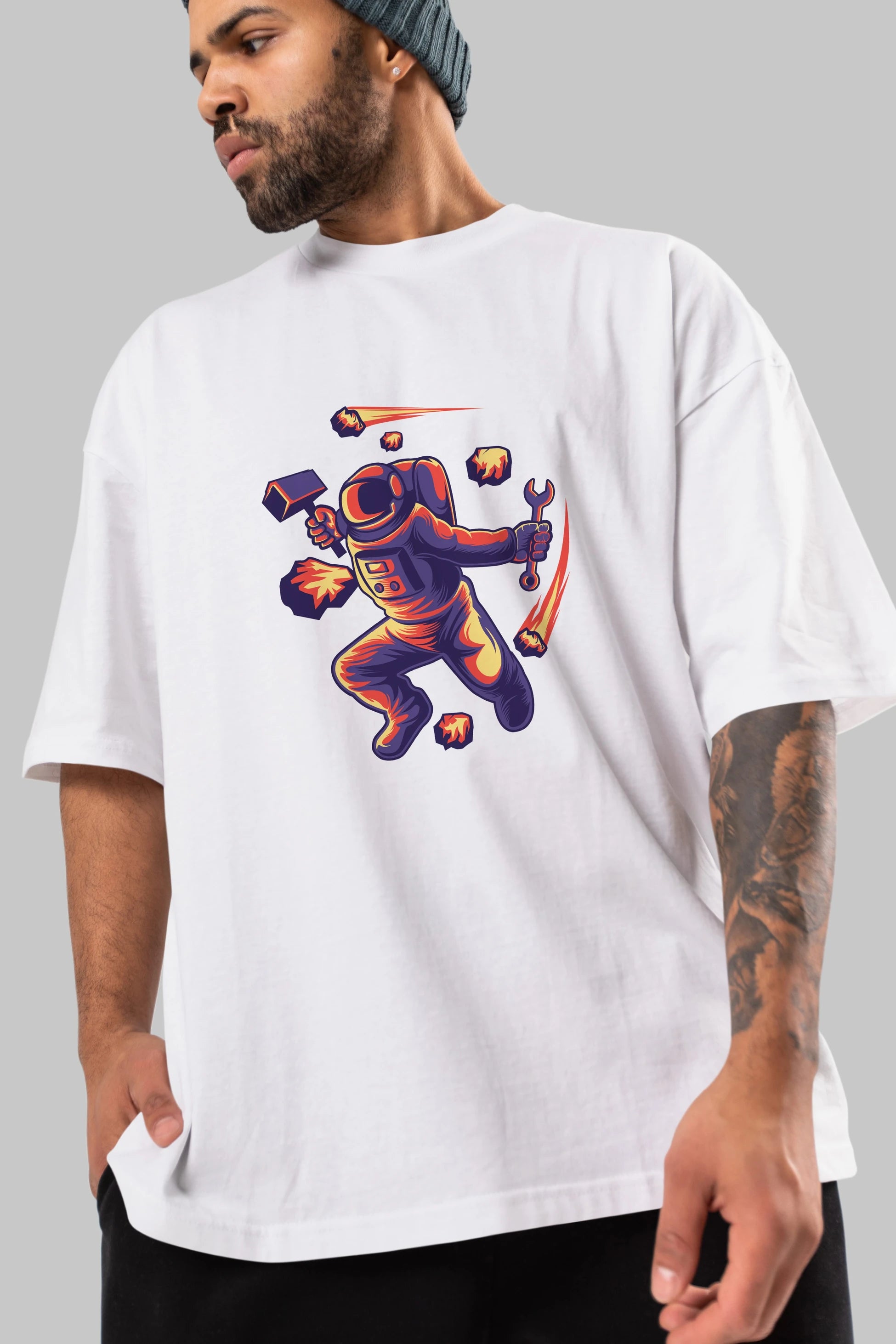 Astronaut Block Meteor Ön Baskılı Oversize t-shirt Erkek Kadın Unisex