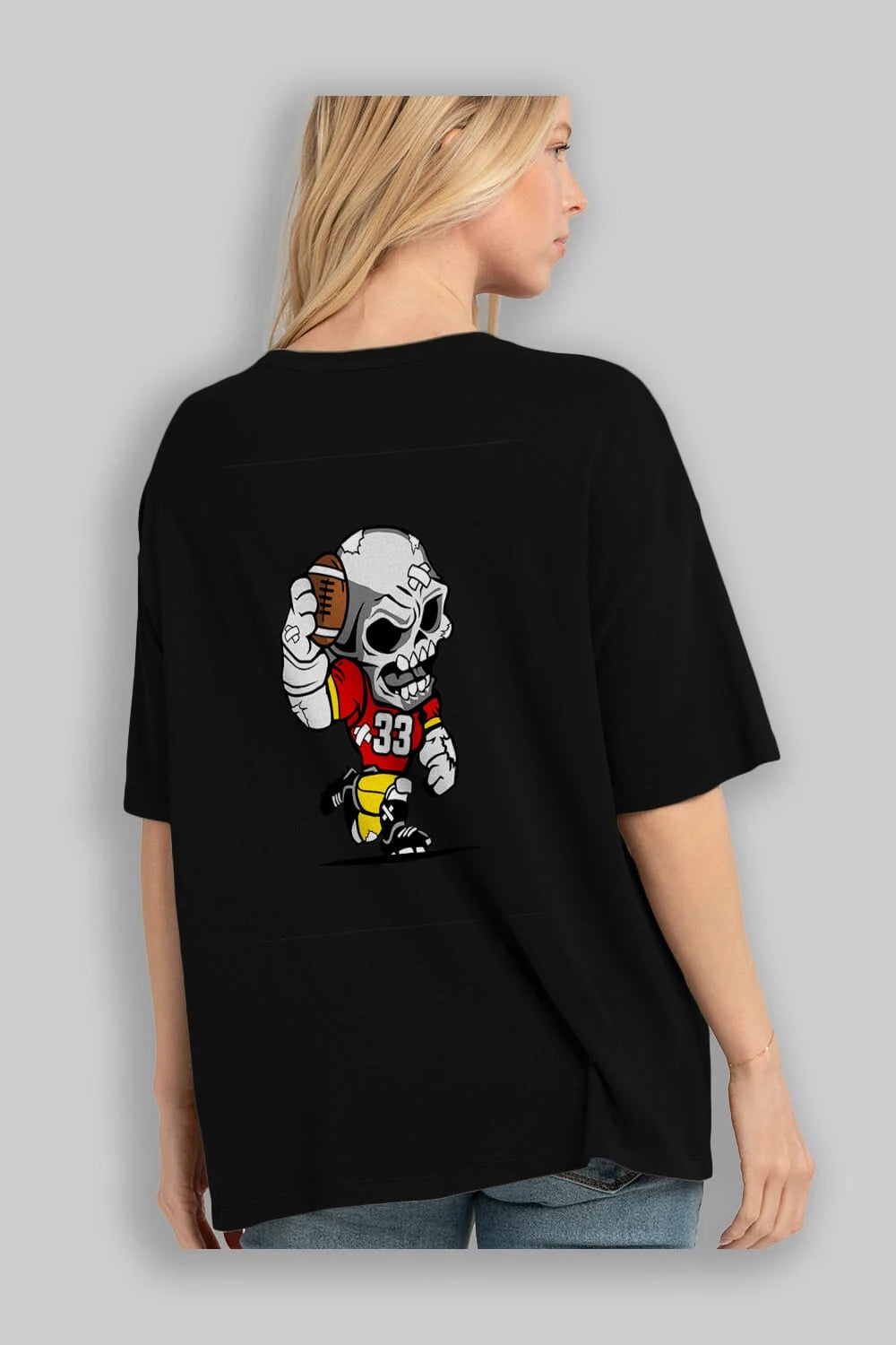 Skull Football Player Arka Baskılı Oversize t-shirt Erkek Kadın Unisex %100 Pamuk tişort