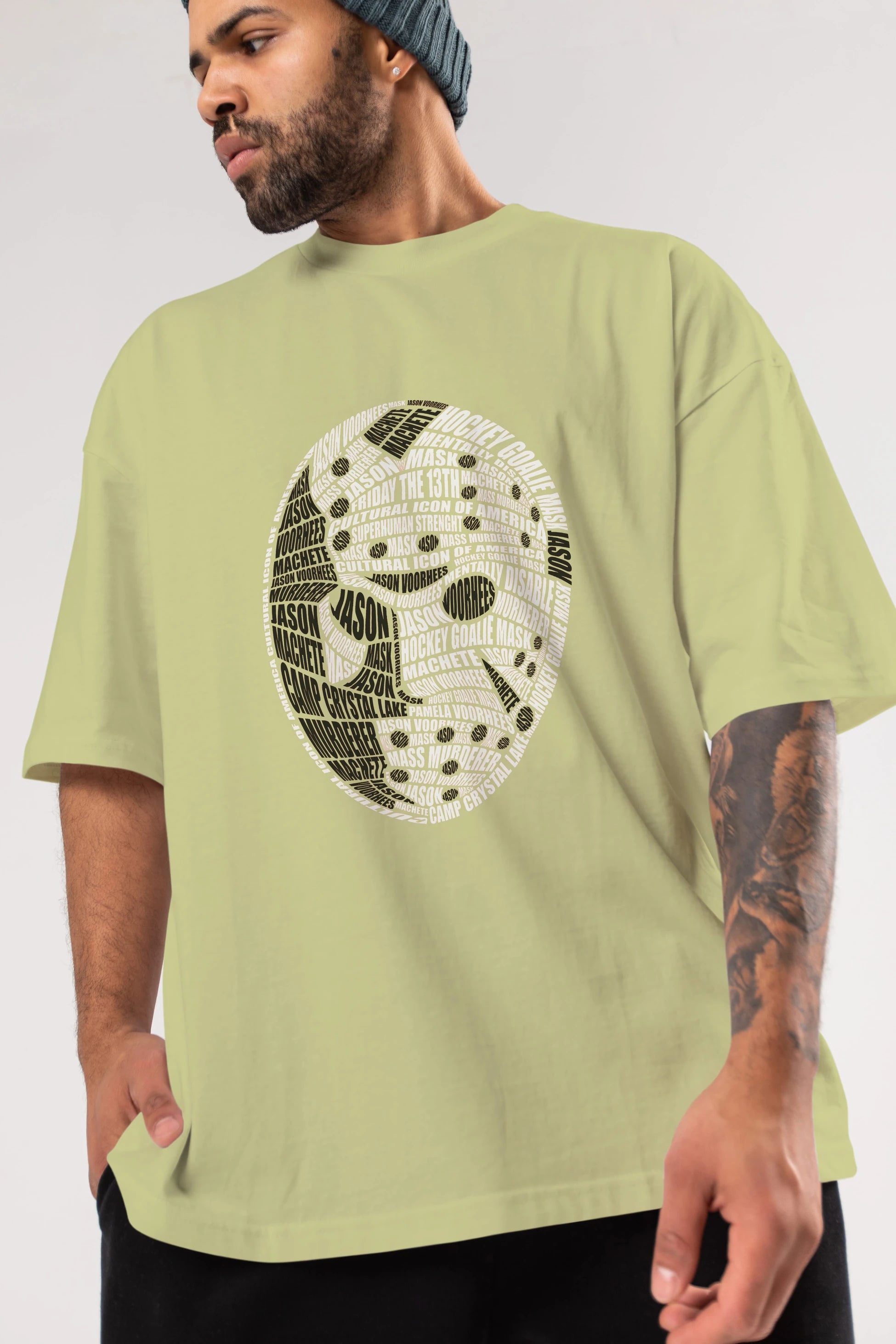 Jason Voorhees Calligram Ön Baskılı Oversize t-shirt %100 pamuk Erkek Kadın Unisex