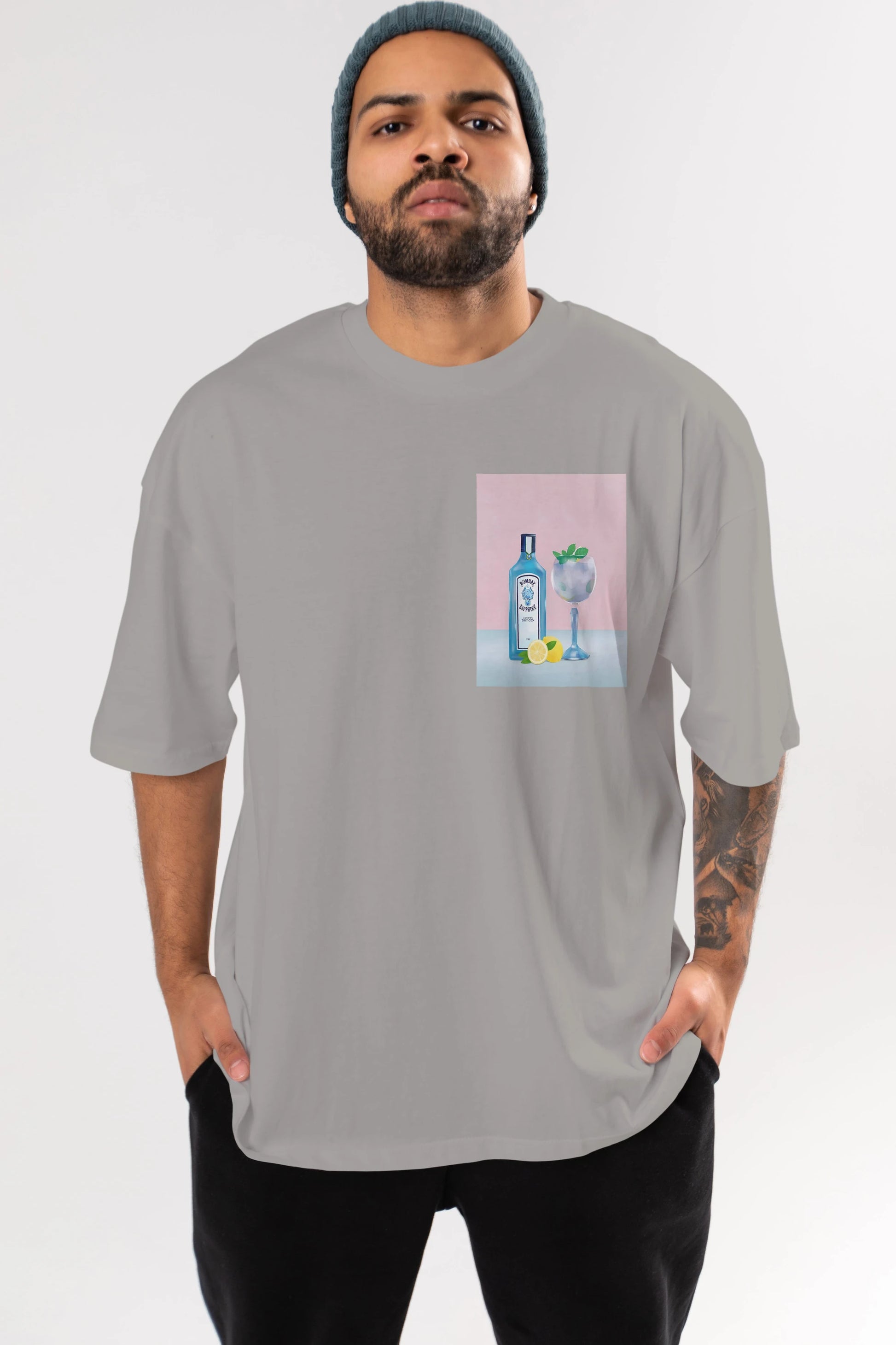 Bombay Sapphire Dry Gin Ön Sol Baskılı Oversize t-shirt Erkek Kadın Unisex %100 Pamuk Bisiklet Yaka tişort