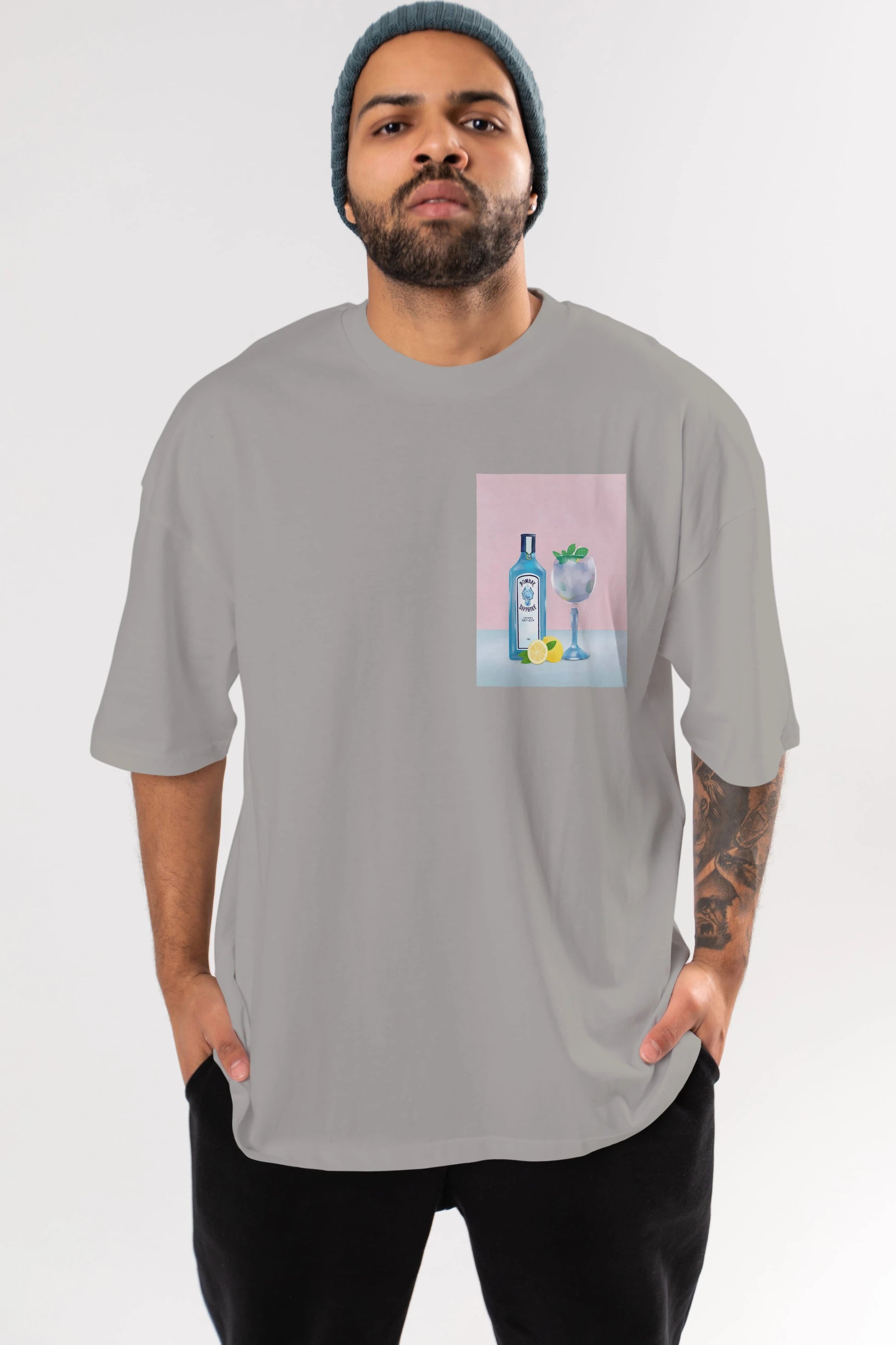 Bombay Sapphire Dry Gin Ön Sol Baskılı Oversize t-shirt Erkek Kadın Unisex %100 Pamuk Bisiklet Yaka tişort