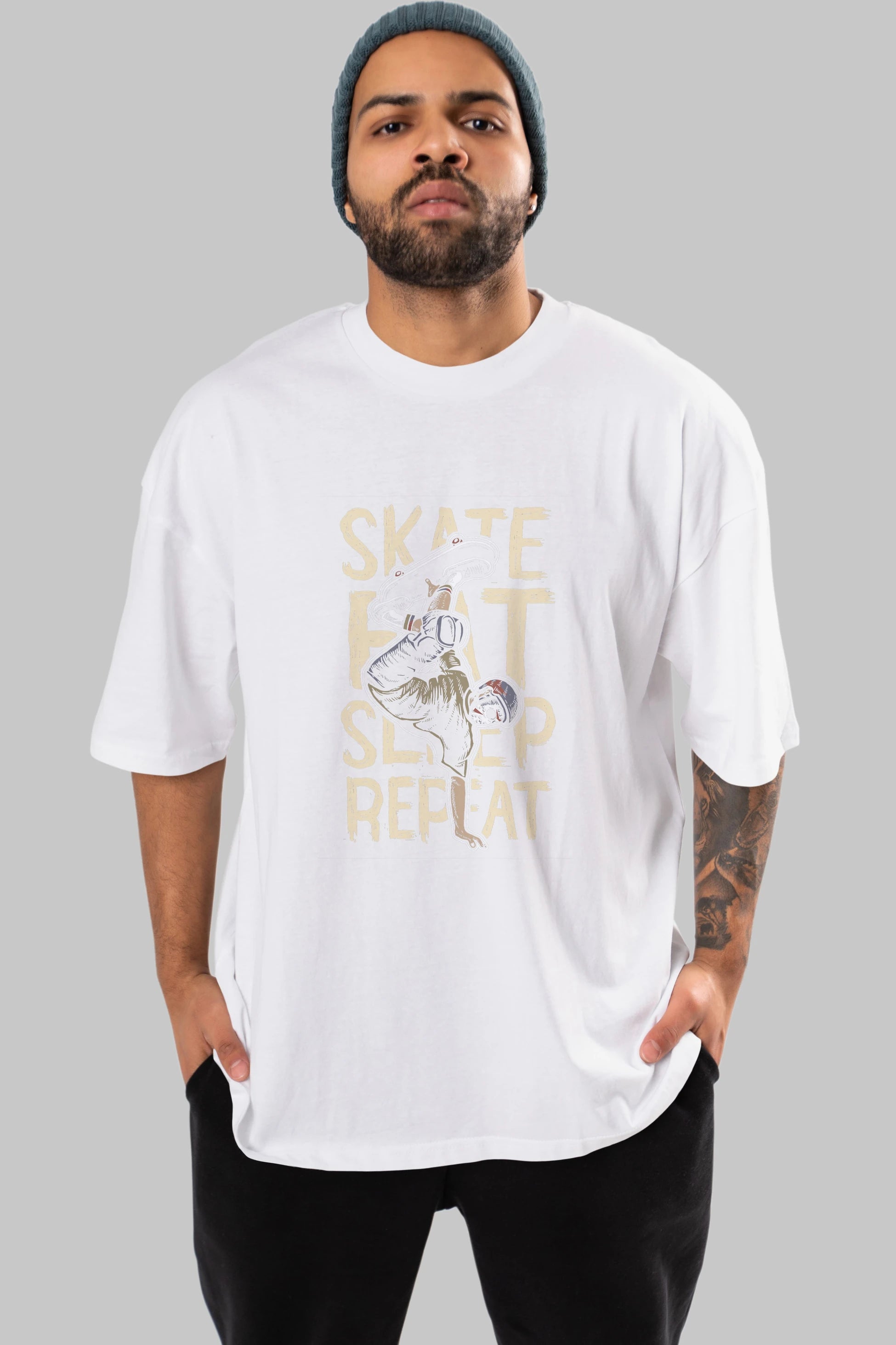 Skate Eat Sleep Repeat Ön Baskılı Oversize t-shirt Erkek Kadın Unisex %100 Pamuk tişort