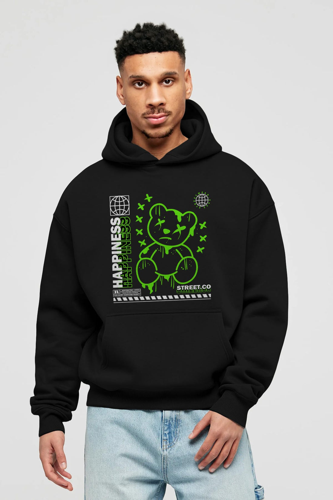 Happiness Bear 3 Ön Baskılı Hoodie Oversize Kapüşonlu Sweatshirt Erkek Kadın Unisex