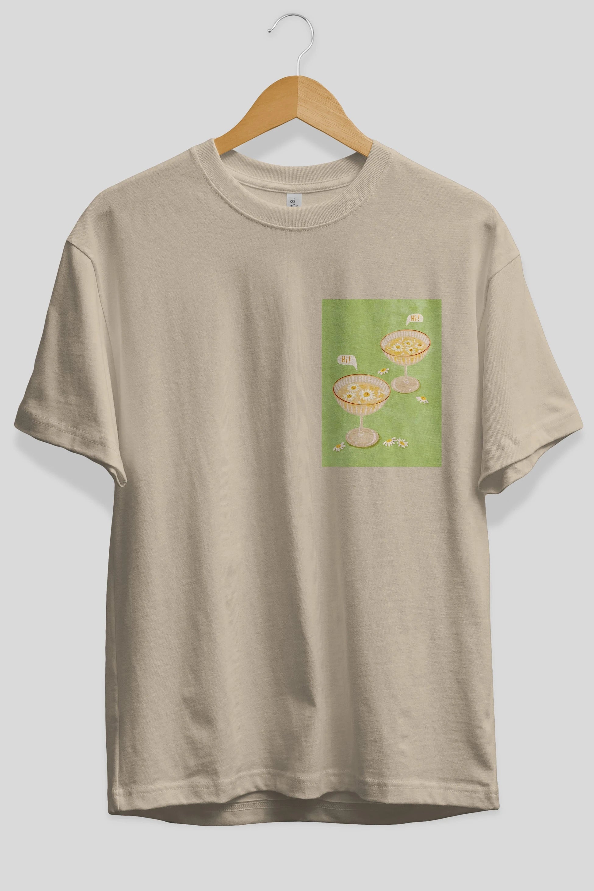 Hi Cheers Ön Sol Baskılı Oversize t-shirt Erkek Kadın Unisex %100 Pamuk Bisiklet Yaka tişort