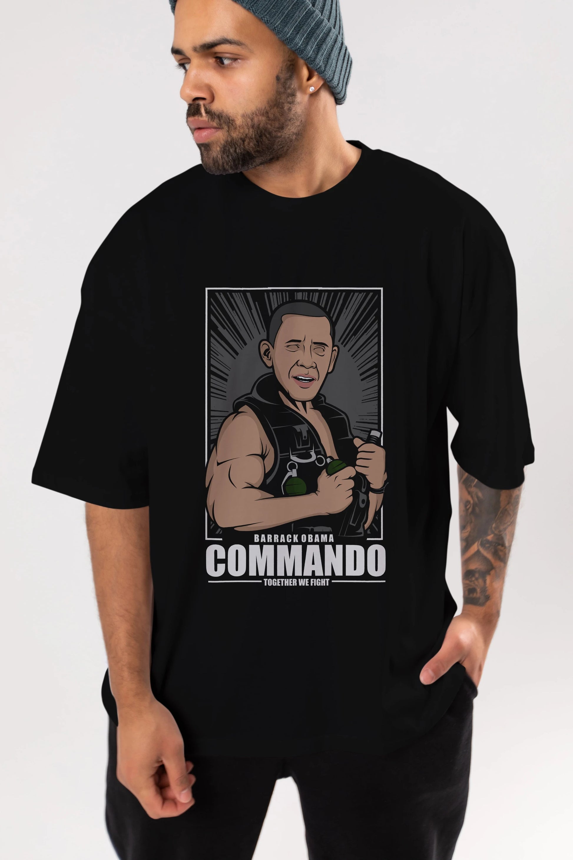 Obama Commando Ön Baskılı Oversize t-shirt Erkek Kadın Unisex %100 Pamuk tişort