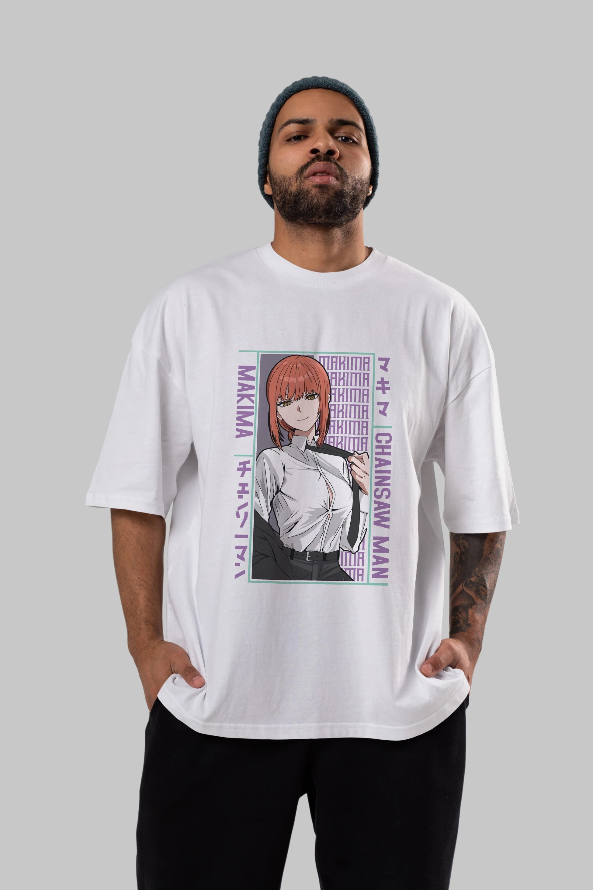 Makima Chain Saw Man Anime Ön Baskılı Oversize t-shirt %100 pamuk Erkek Kadın Unisex
