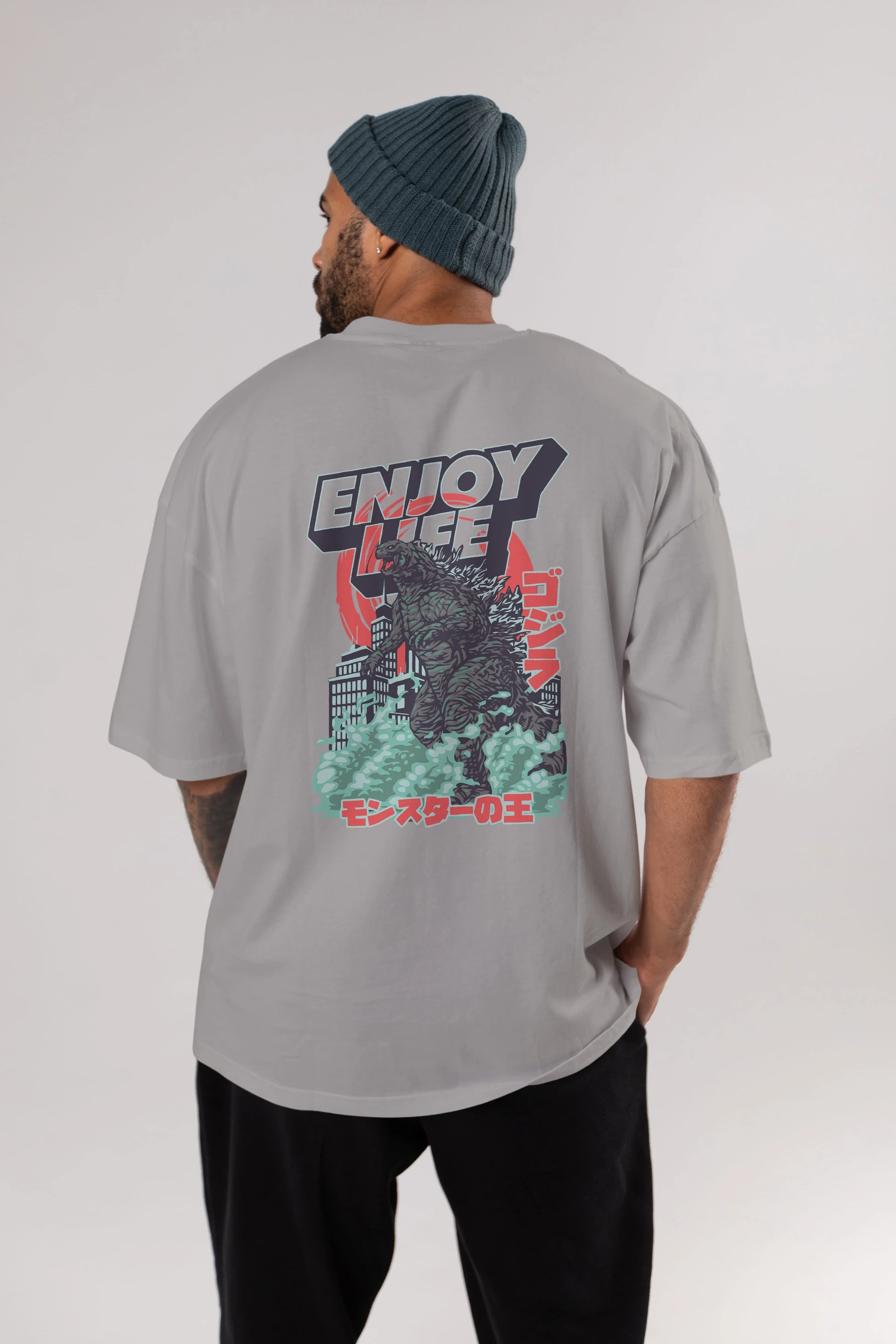 Godzilla Arka Baskılı Oversize t-shirt Erkek Kadın Unisex %100 Pamuk Bisiklet Yaka tişort