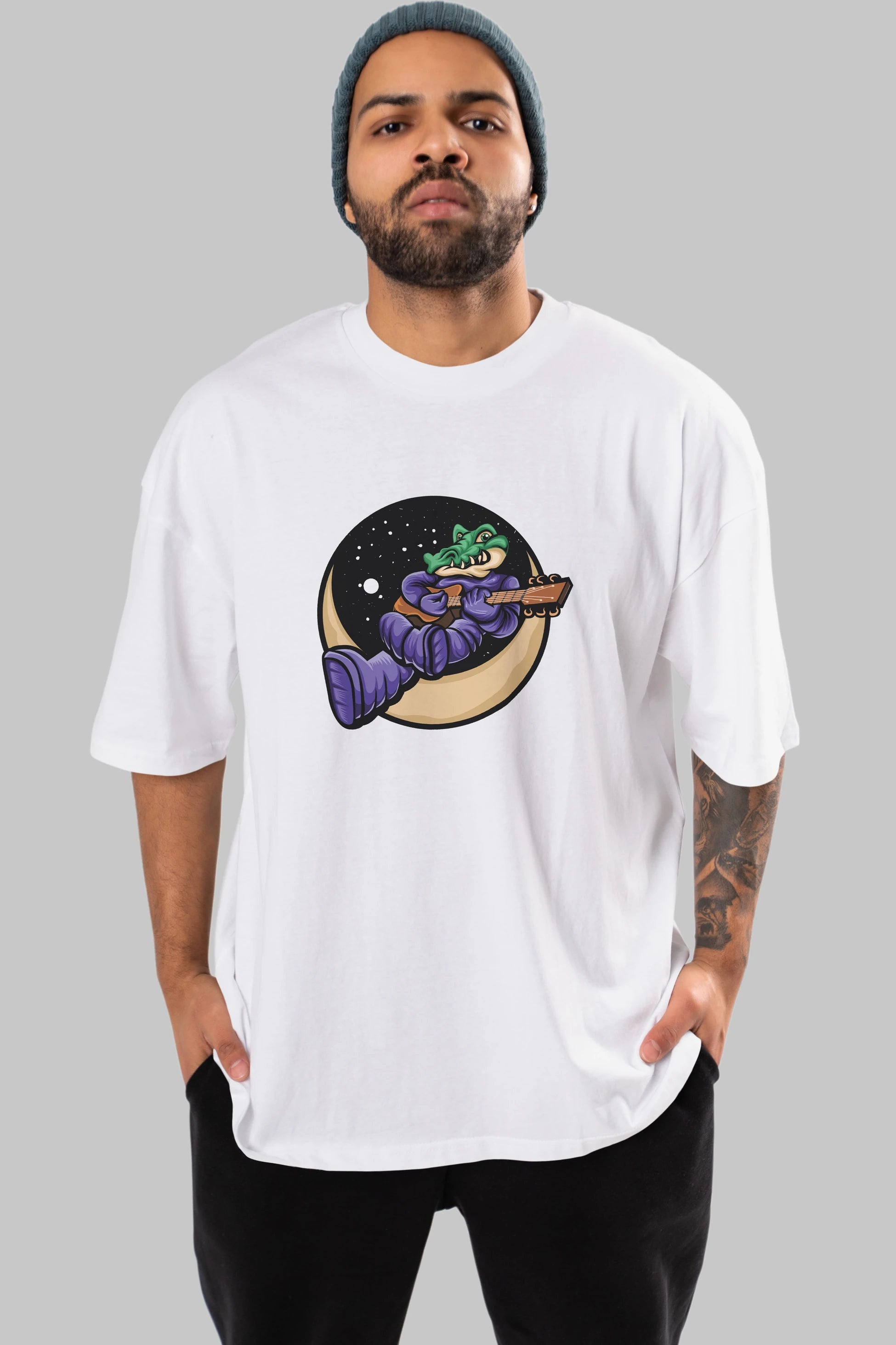 Space Crocodile Ön Baskılı Oversize t-shirt Erkek Kadın Unisex