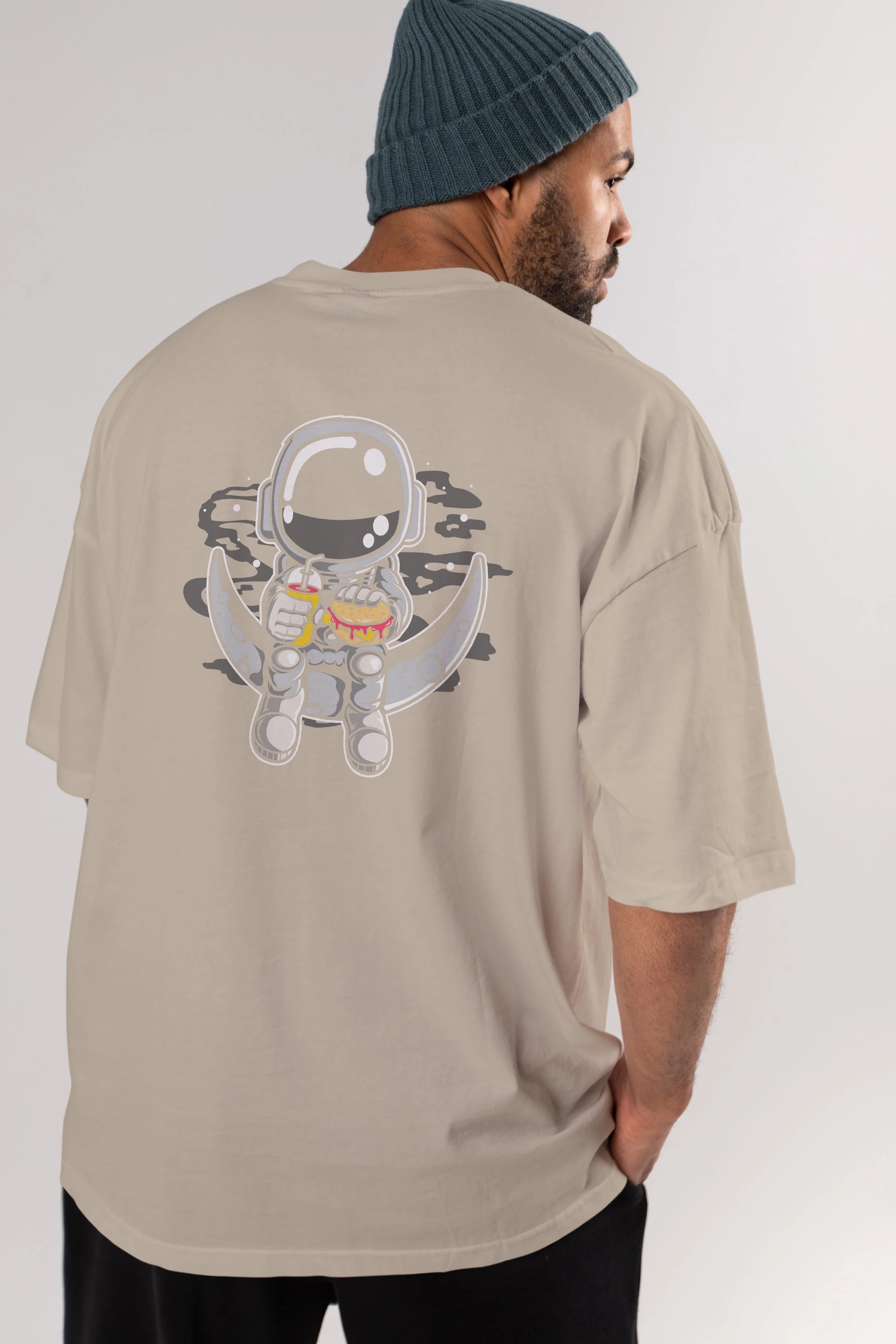 Astronaut Crescent Arka Baskılı Oversize t-shirt Erkek Kadın Unisex