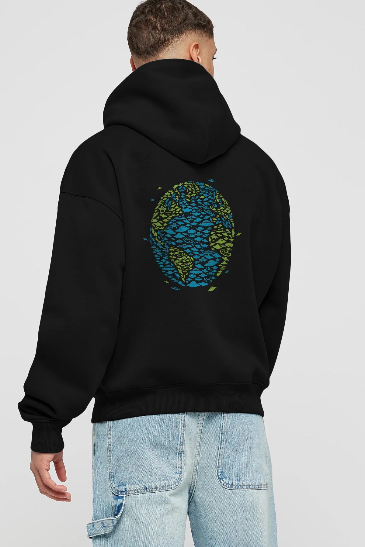 UFO Invasion Arka Baskılı Hoodie Oversize Kapüşonlu Sweatshirt Erkek Kadın Unisex
