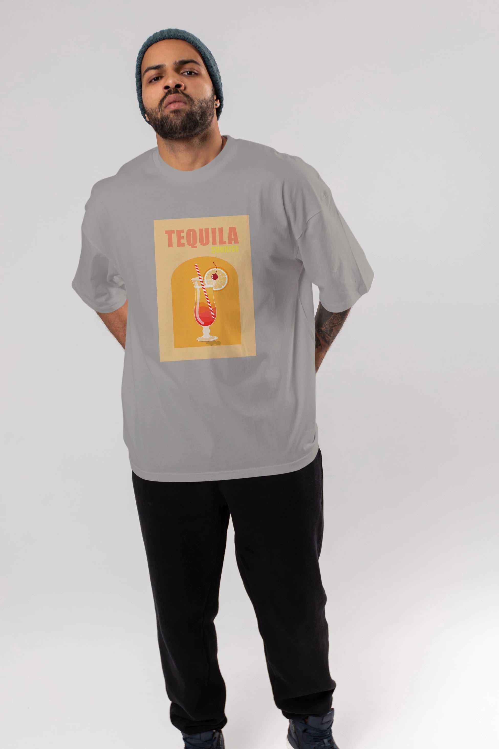 Tequila Sunrise Ön Baskılı Oversize t-shirt Erkek Kadın Unisex %100 Pamuk Bisiklet Yaka tişort