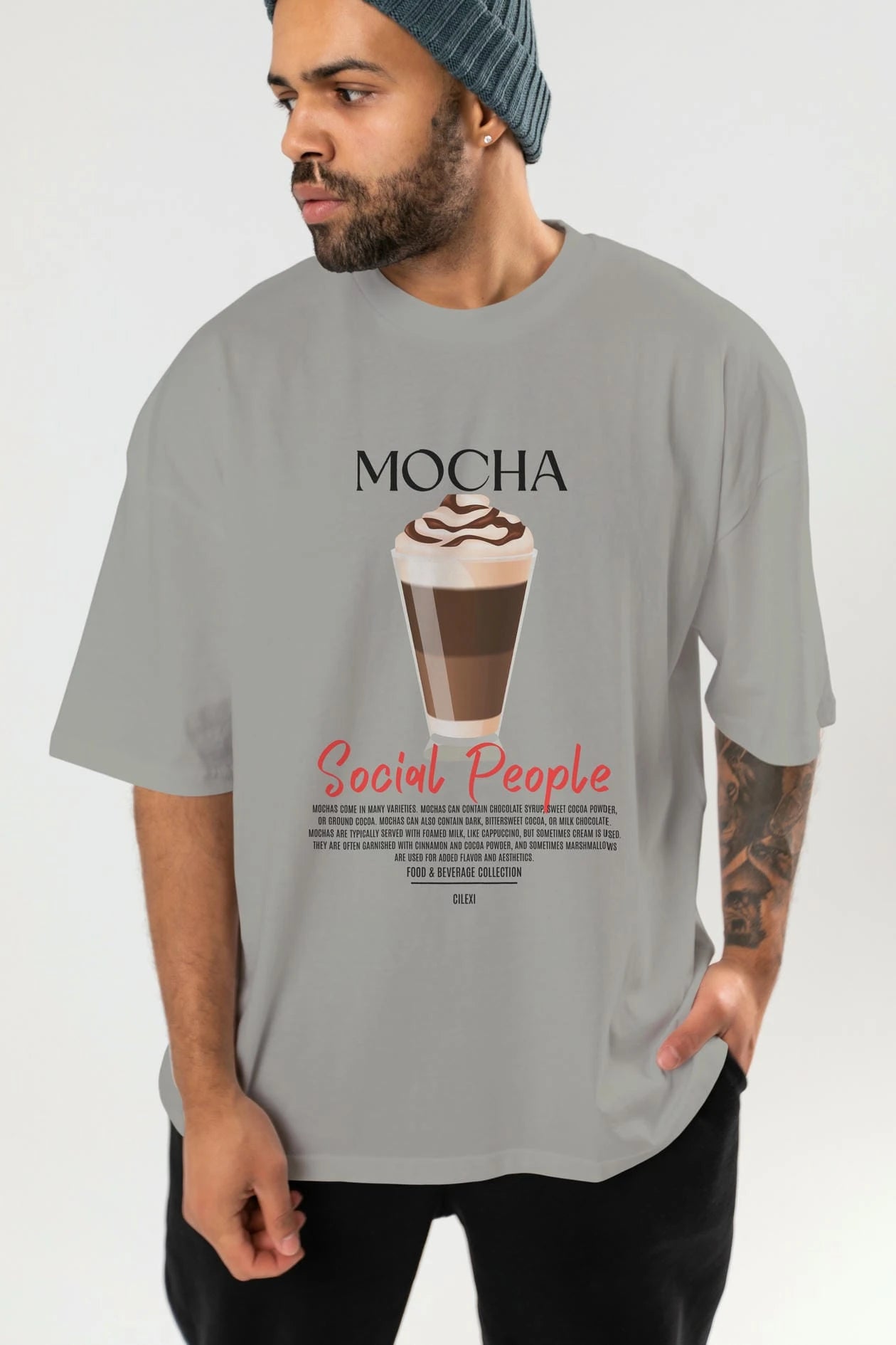 Mocha Kokteyl Serisi ön Baskılı Oversize t-shirt Erkek Kadın %100 Pamuk Bisiklet Yaka tişort