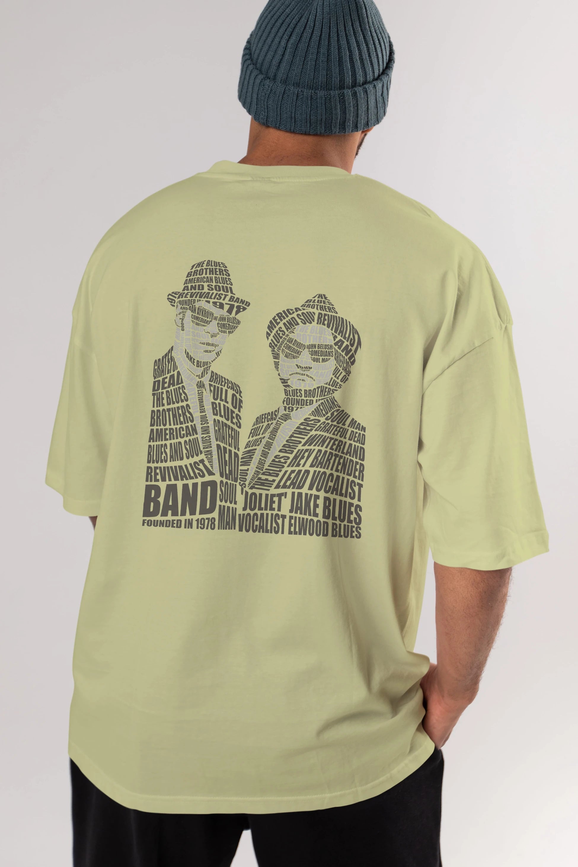 Blues Brothers Calligram Arka Baskılı Oversize t-shirt %100 pamuk Erkek Kadın Unisex