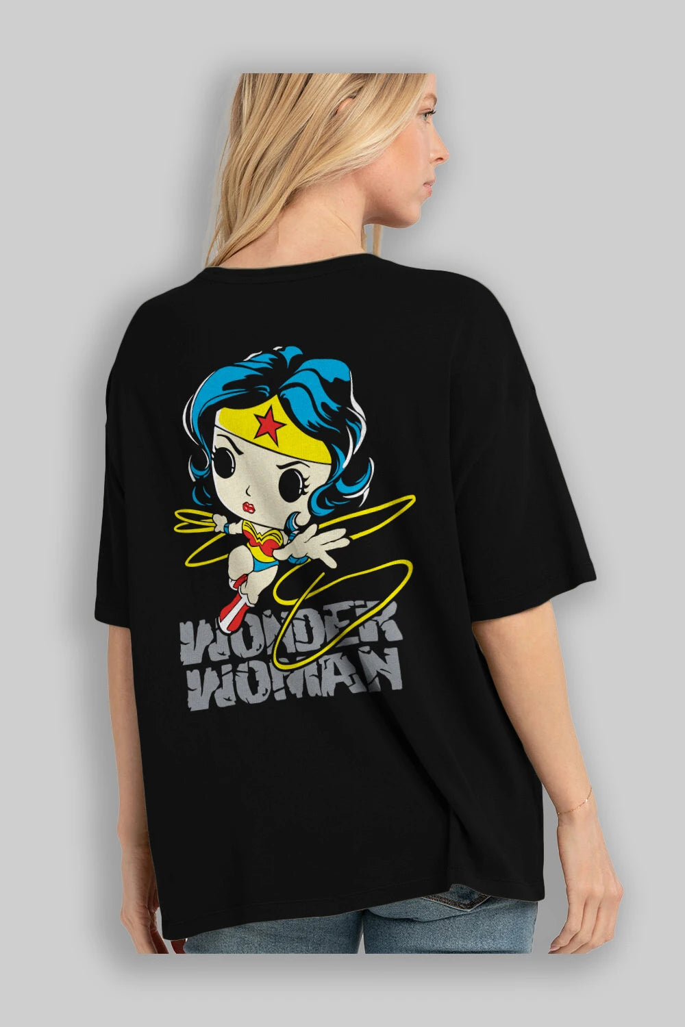 Wonder Woman Arka Baskılı Oversize t-shirt Erkek Kadın Unisex %100 Pamuk Bisiklet Yaka tişort