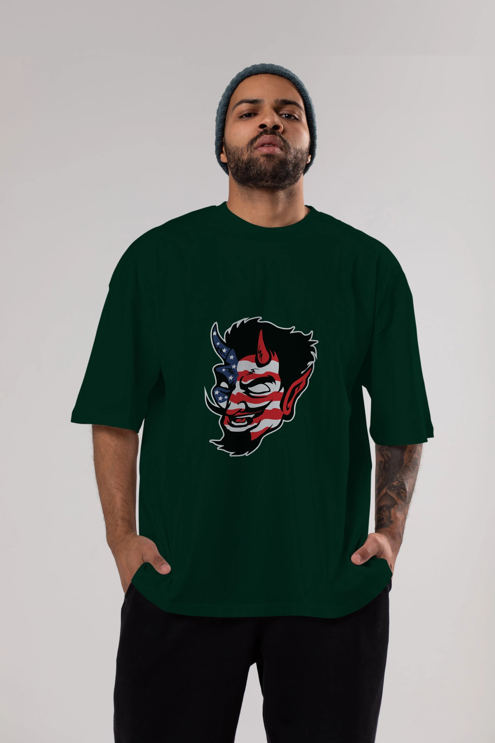 American Devil Ön Baskılı Oversize t-shirt Erkek Kadın Unisex %100 Pamuk tişort